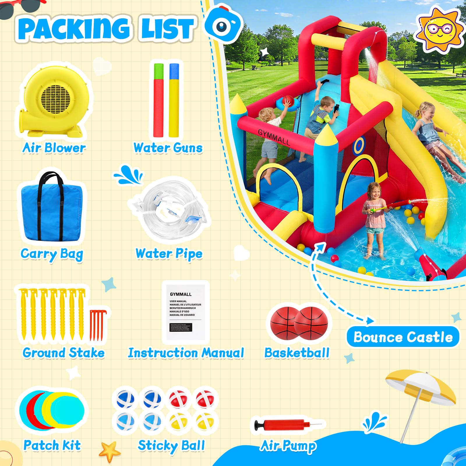 Castillo Hinchable para Niños, 8 en 1 con Soplador 480W, Tobogán Largo, Pared de Escalada, Trampolín y Zona de Chapoteo, Ideal para Uso Interior y Exterior en Vacaciones