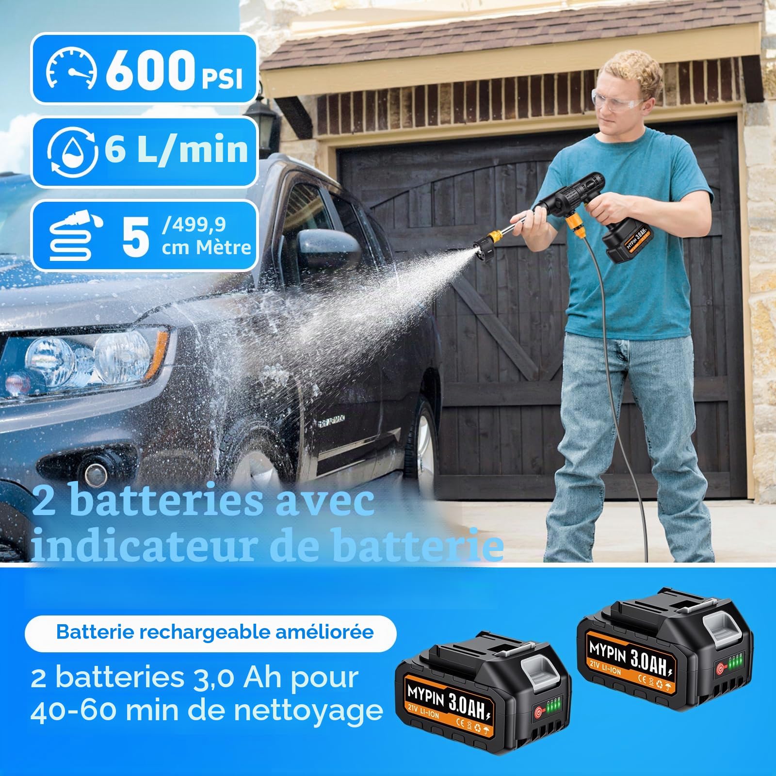 Nettoyeur Haute Pression sans Fil, 600 PSI 21V, Nettoyeur Haute Pression sur Batterie avec 2 Batteries Rechargeables, Buse 6-en-1 et Buses Jet pour Nettoyage Voiture Sol Mur Clôture