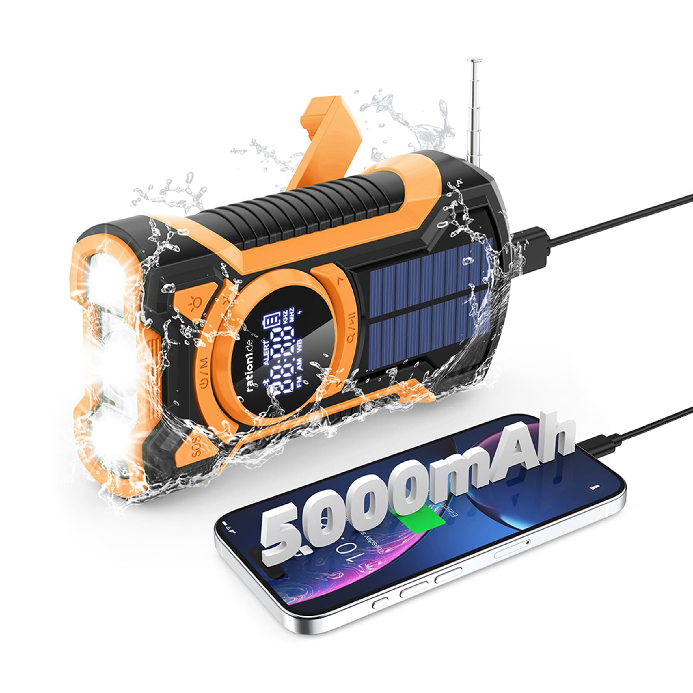 ration1 Kurbelradio mit Solar und Powerbank – Notfallradio mit 5000 mAh, Bluetooth, SOS-Alarm & LED Taschenlampe | AM/FM/WB | IPX5 Spritzwasserfest | Stoß- & Staubgeschützt | Camping Outdoor Blackout