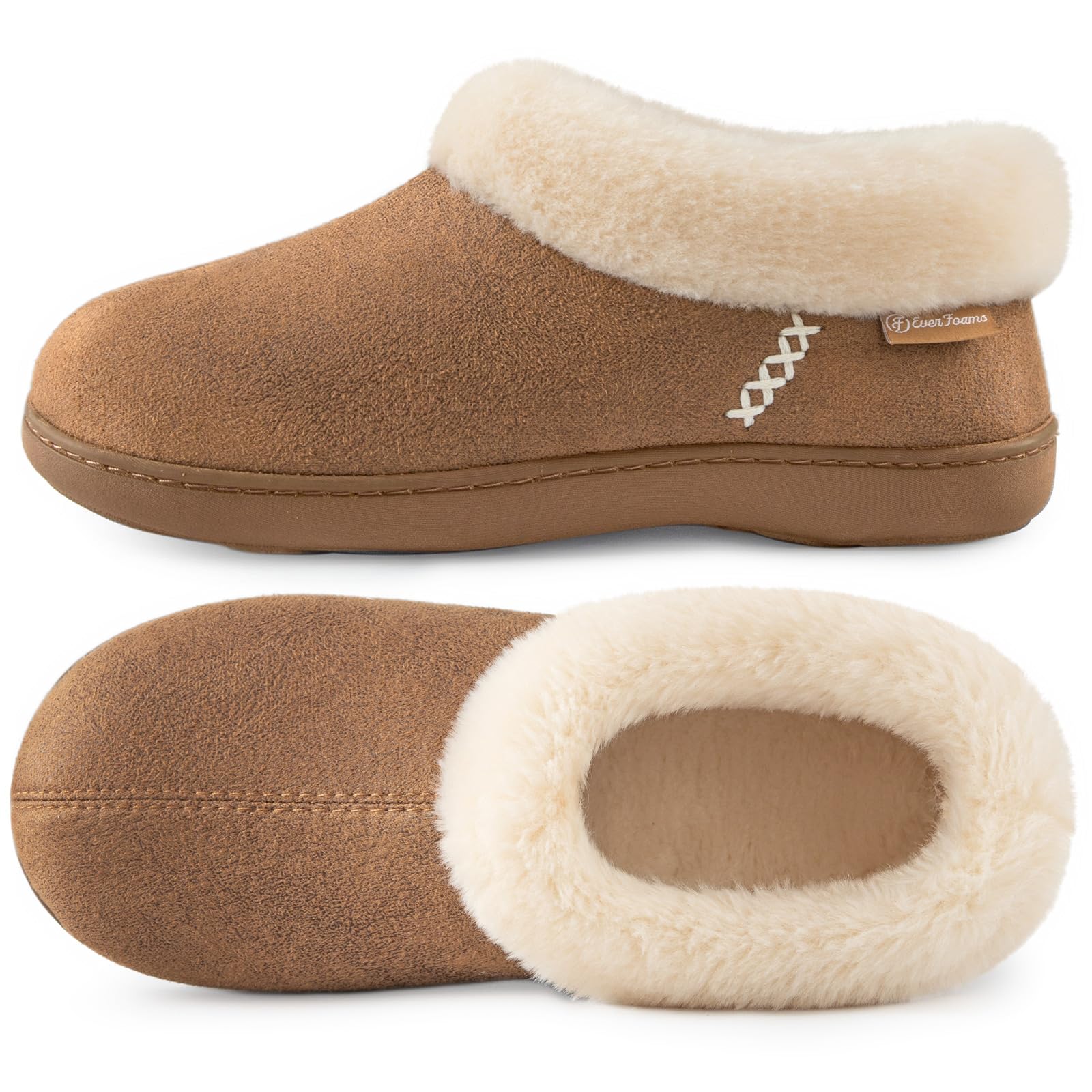 EverFoams Women's Microsuede Memory Foam Slippers with Fluffy Faux Fur Collar and Indoor Non-Slip Rubber Sole