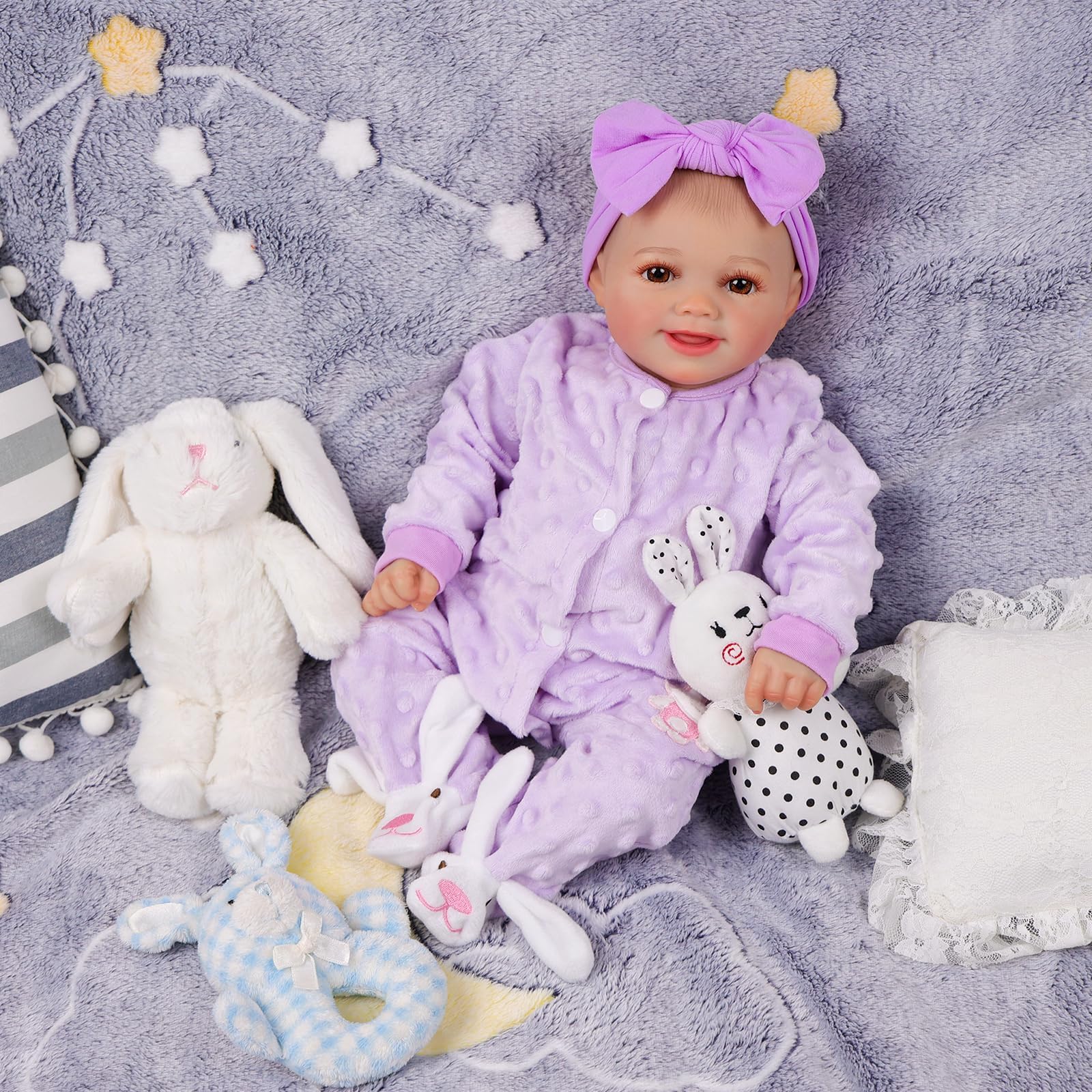 BABESIDE Bambole Rinato Sunny 17 Pollici Realistica Bambola Neonata Bambola Bambola Realistica Bambino Doll Corpo Morbido Tessuto Bambole Reincarnate Bambola Reale Aprire Gli Occhi,Viola