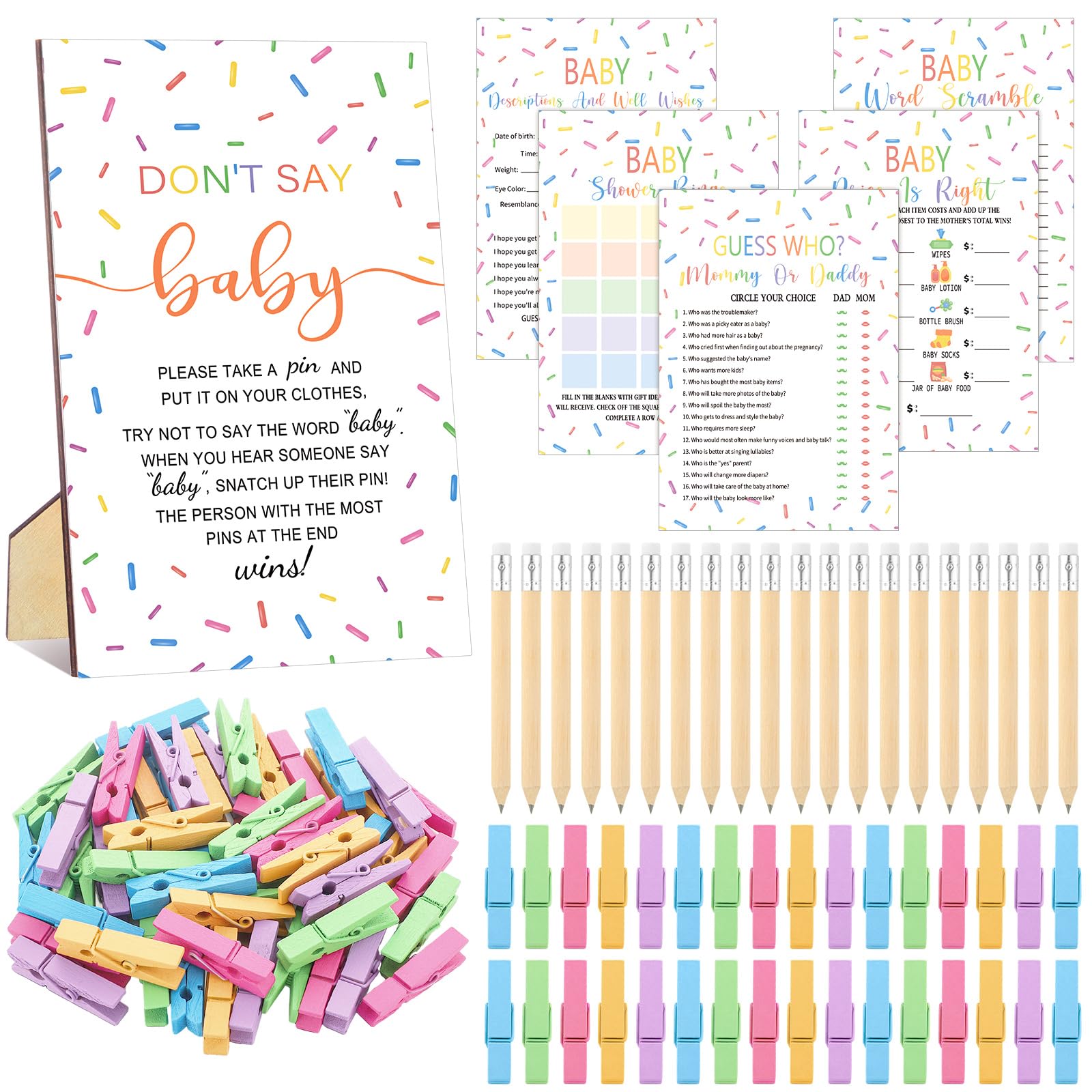 Patelai 322 Pcs Baby Shower Games Don't Say Baby Sign Clothespins Cards
