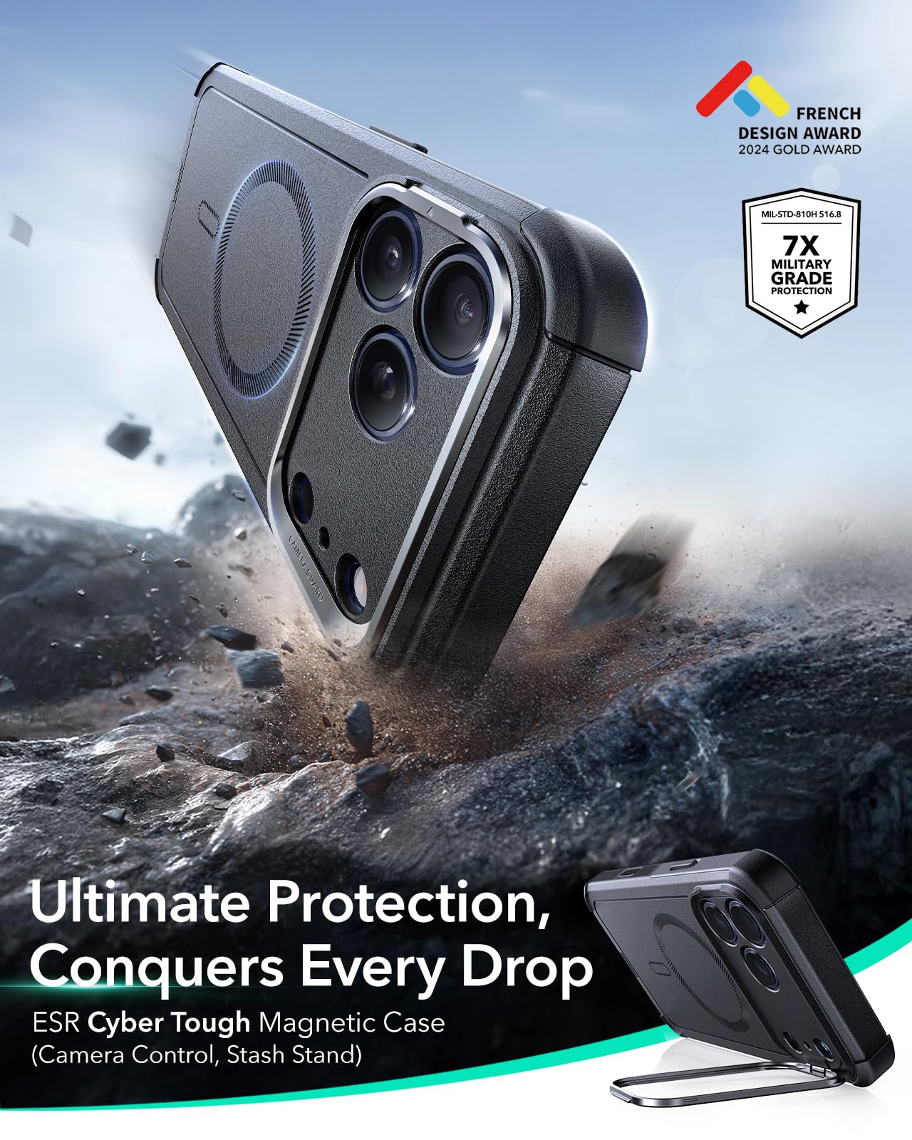 ESR for iPhone 17 Pro Case with Stash Stand, 7X Military-Grade Drop Protection with Camera Control, Shock-Absorbing Phone Rugged Cover, Compatible with MagSafe Accessories, Cyber Series, Black