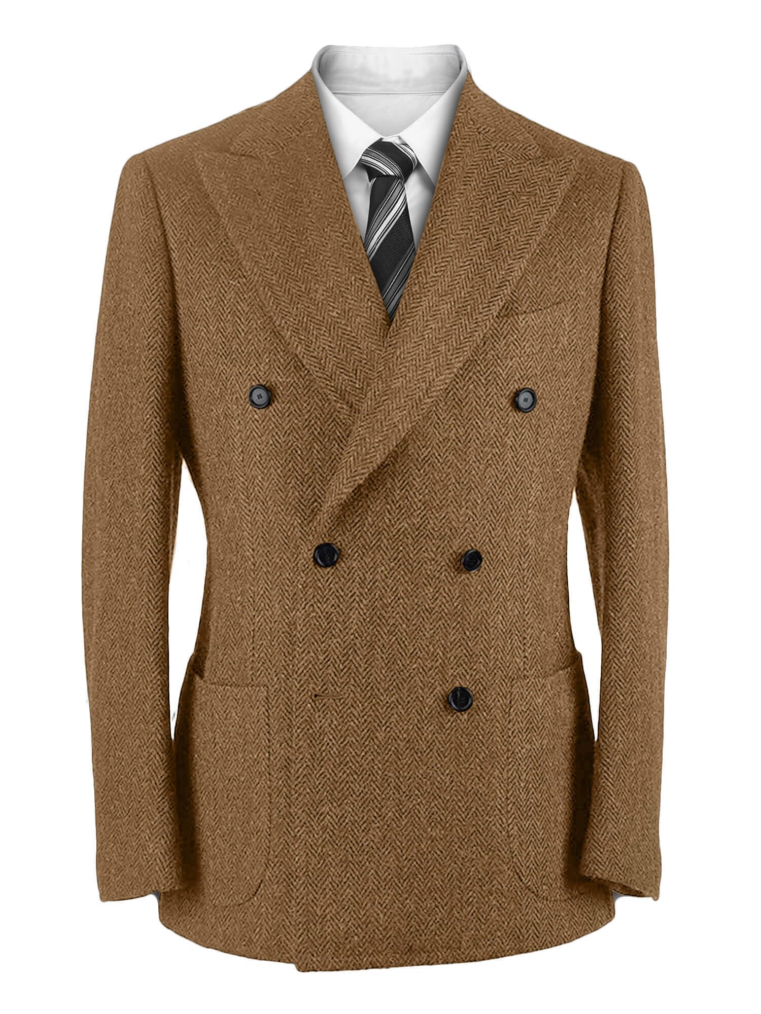 Vintage Herringbone Tweed Blazer British Peak Lapel Woolen Blend Tuxedo Jacket with Pockets