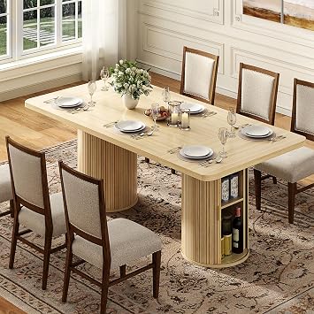 Gyfimoie 79" Dining Table for 8 to 10 People,Farmhouse Kitchen Dining Room Table with 2 Fluted Wood Strip Base & Slide Door,Mid Century Modern Dinner Table Furniture for Living Room,Kitchen,Natural