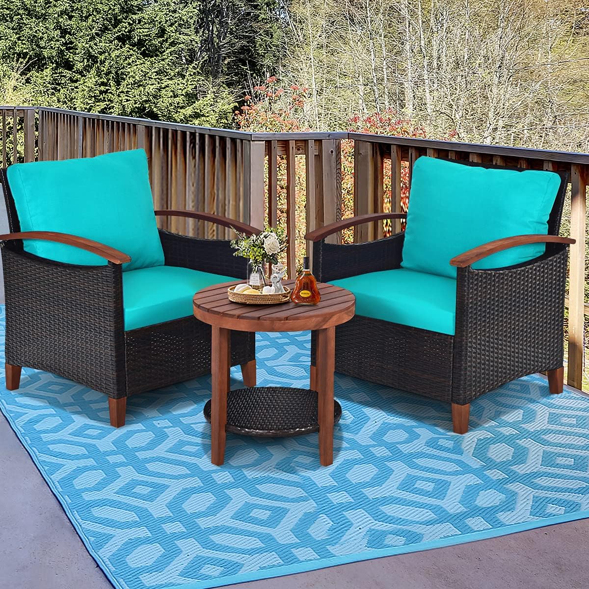 HAPPYGRILL 3-Piece Patio Conversation Set Outdoor Rattan Wicker Sofa Set with Cushion and Acacia Wood Frame Table and Chairs Set for Garden Poolside Balcony