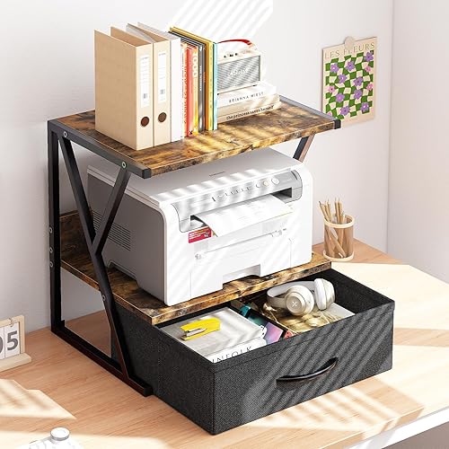 Miniatura 4 de aboxoo Soporte de impresora para escritorio con cajón de almacenamiento, escritorio de 2 niveles o estante debajo del escritorio, organizador de