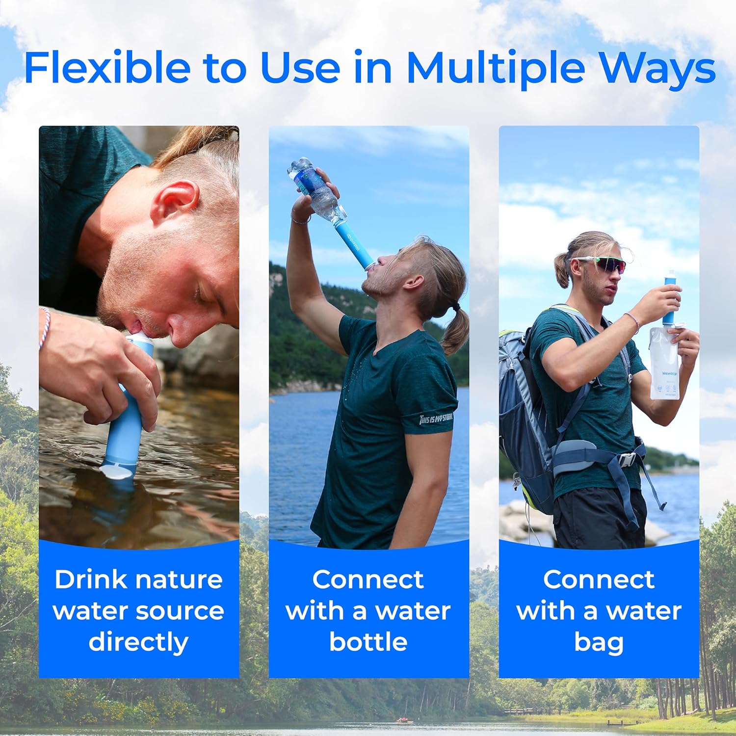 Waterdrop Water Filter Straw, Camping Water Filtration System, Water Purifier Survival Outdoor Drinking Water Purifier for Travel, Backpacking and Emergency Preparedness, 0.1 Micron (Blue), Pack of 3 - Image 7