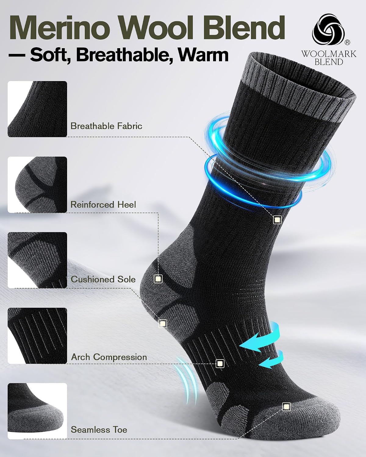 TANSTC Merino Wool Hiking Socks, Moisture Wicking image 2