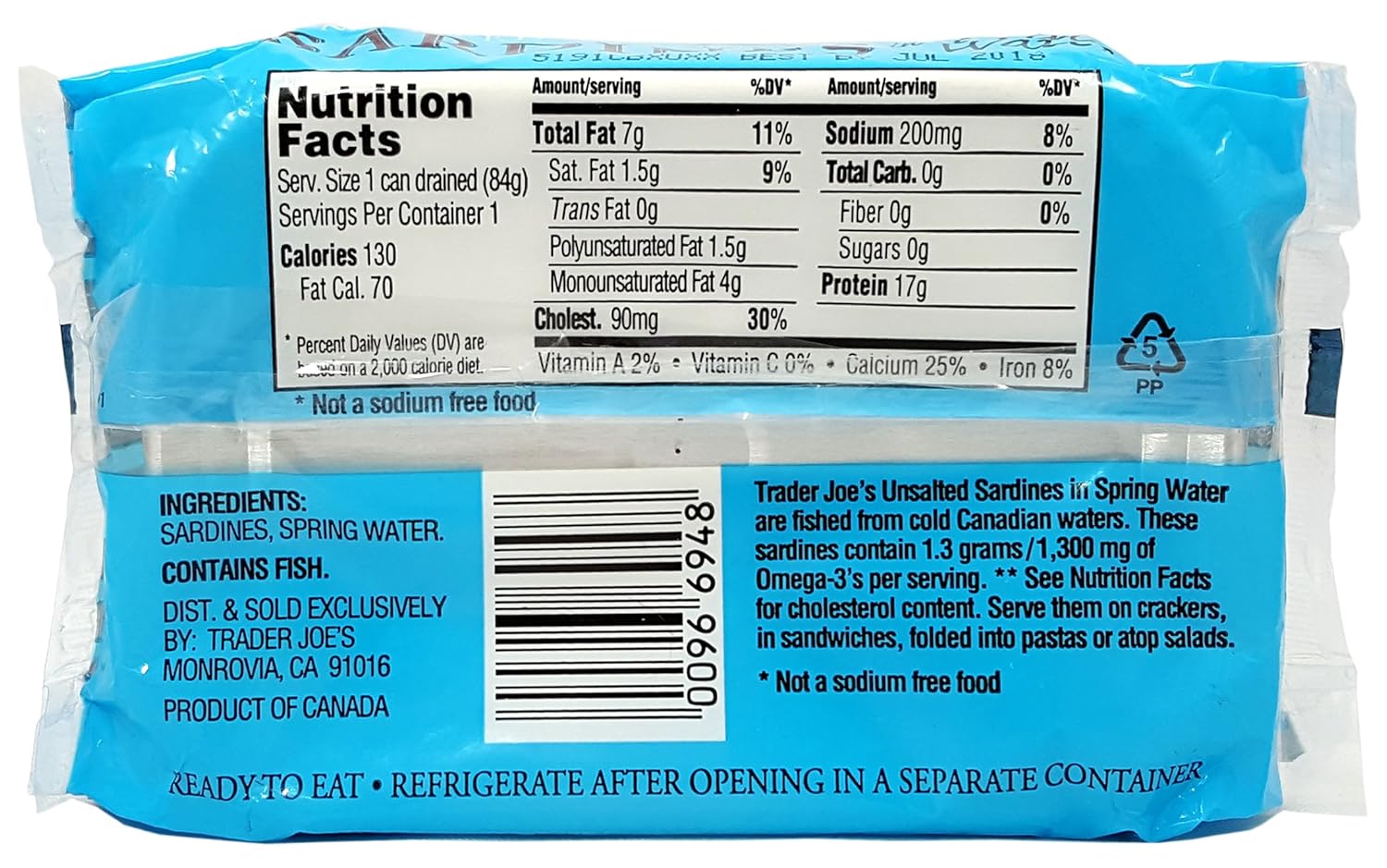 Unsalted Sardines in Spring Water, (Pack of 6), 3.75 oz Tin