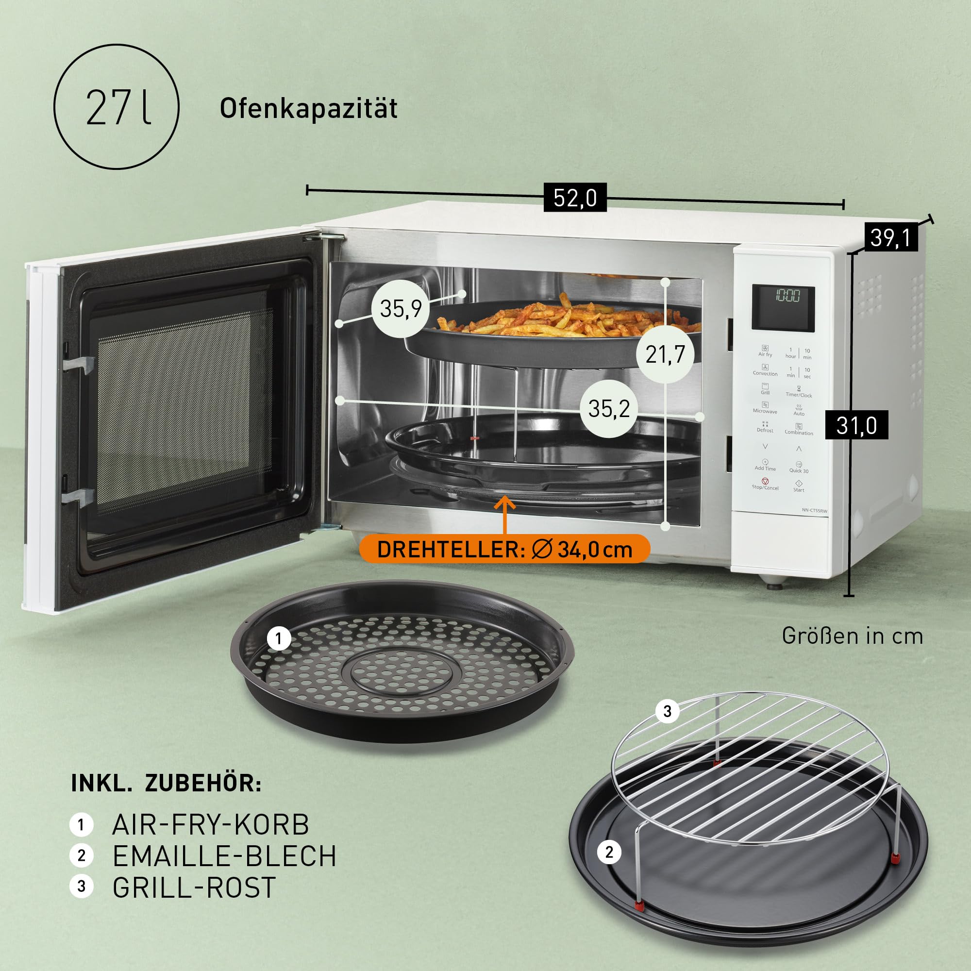 Panasonic NN-CT55RWEPG 27L 4-in-1 Kombi-Mikrowelle mit Airfryer-Funktion, 1000W Inverter, 1300W Grill, Umluft, Airfry, 19 Automatikprogramme, Weiß