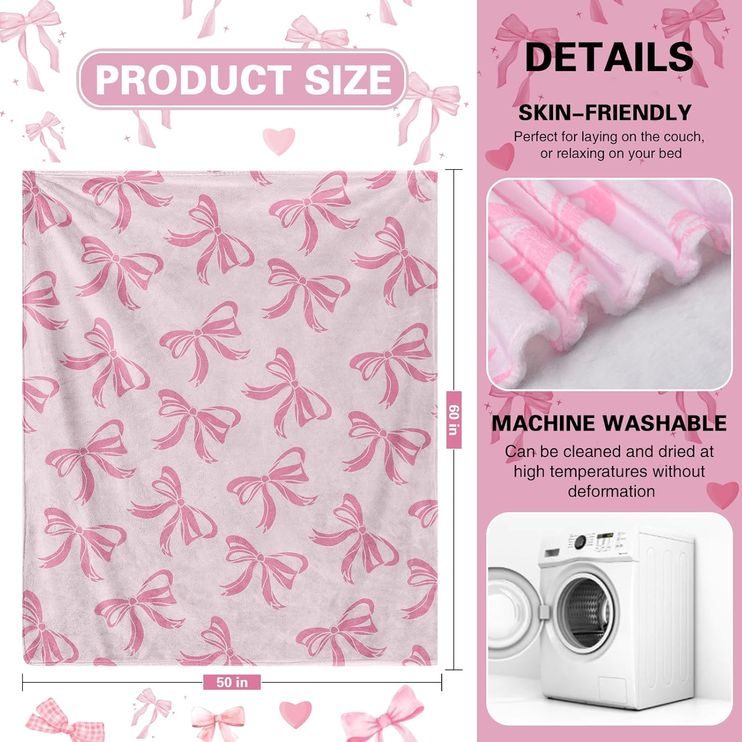 yuboo Pink Bow Throw Blanket, Easter Spring Gifts for Girls Women Teens, Soft Flannel Bow Blanket, Cute Pink Bow Bedding for Coquette Girly Preppy Spring Gift Decor, 50 x 60 Inch - Image 8