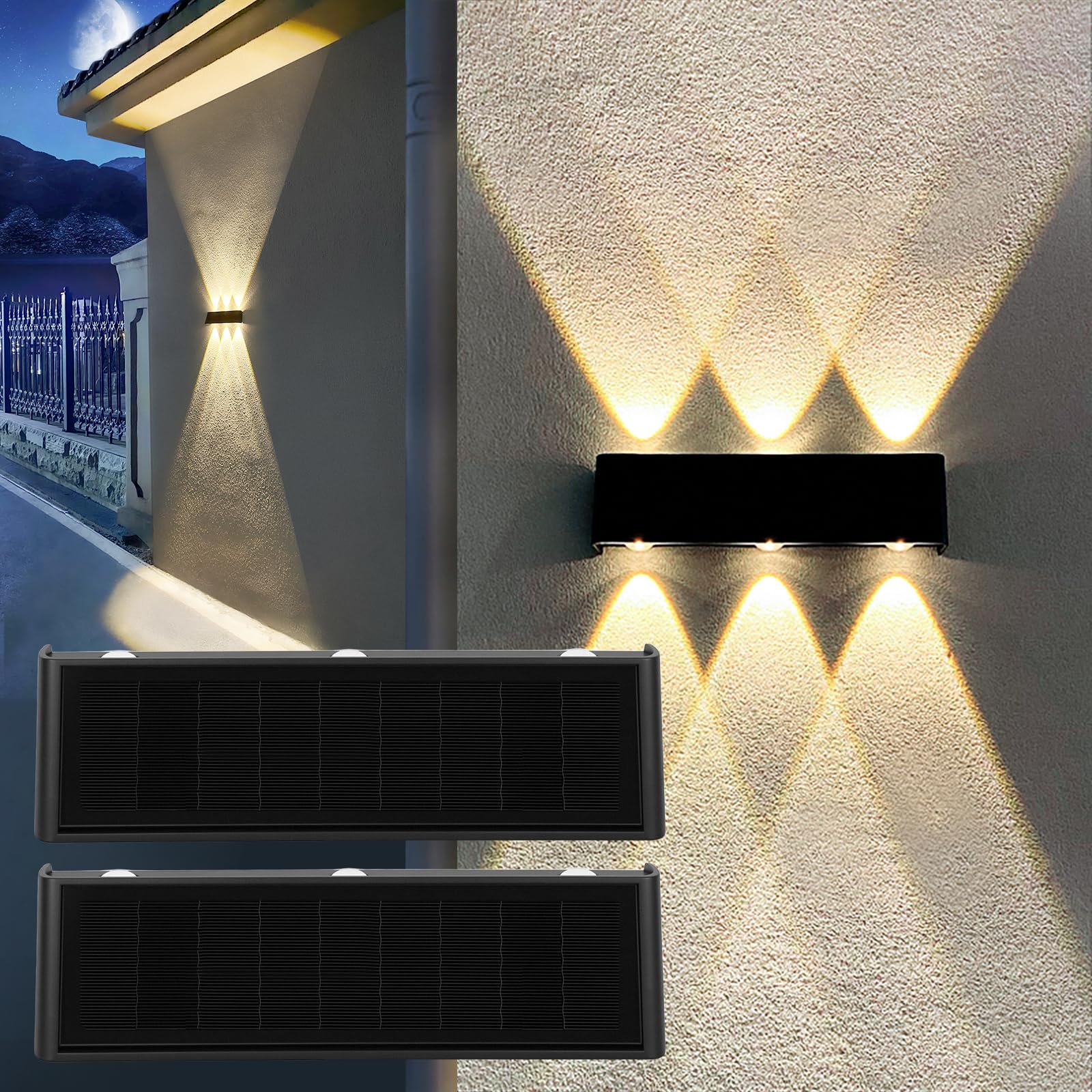 Mrzxy Solar Lights Outdoor Waterproof 3000K Warm Aluminum Dusk to Dawn Lighting Wall Sconce Up Down for Outside, Fence, Pool, Porch, Deck