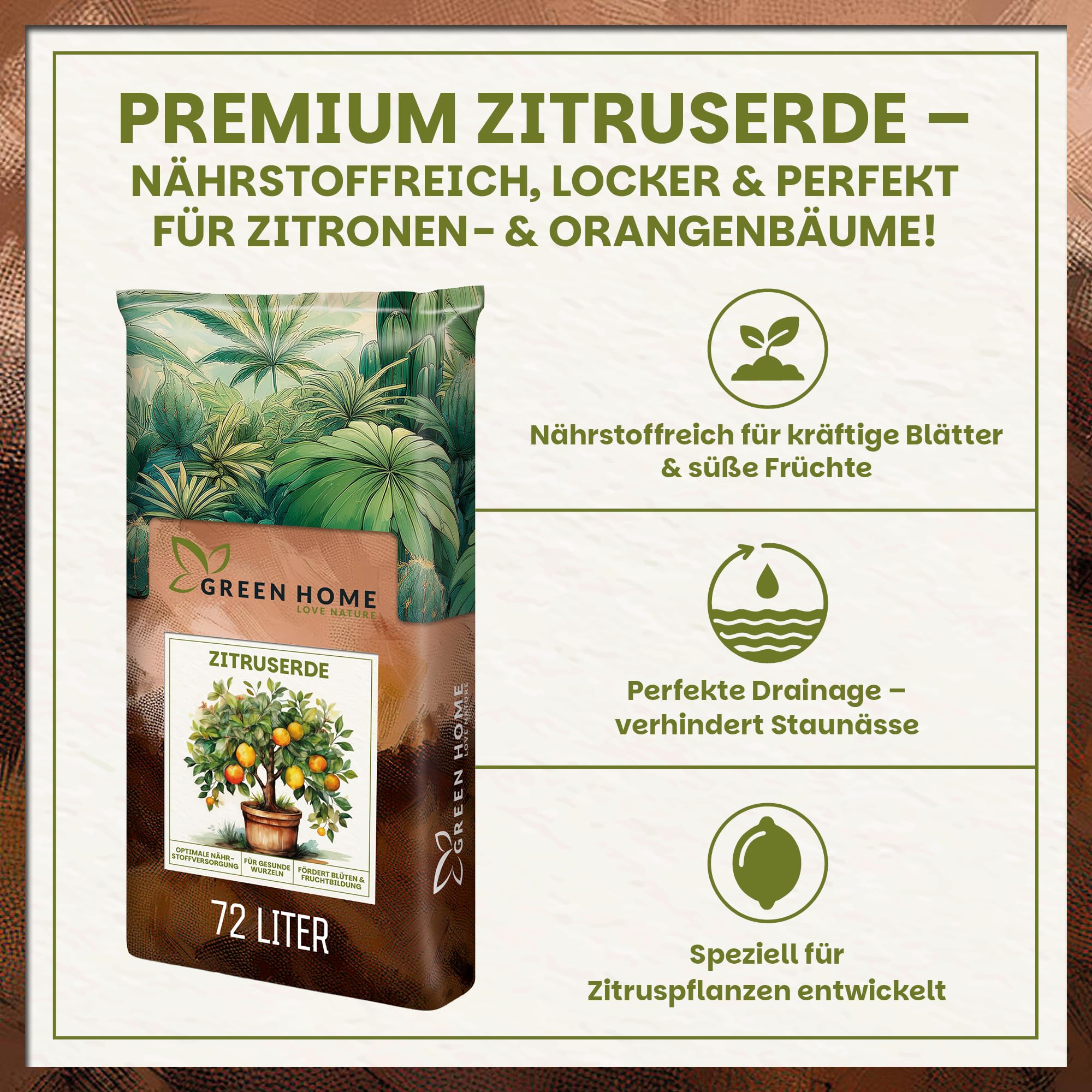 Green Home Zitruserde 72L - Erde für Zitruspflanzen & Mediterrane Pflanzen | Citrus Erde mit Langzeitdünger | Perlite, Kokosfasern & Rindenhumus | Für Garten, Kübel & Hochbeet, pH 5,8