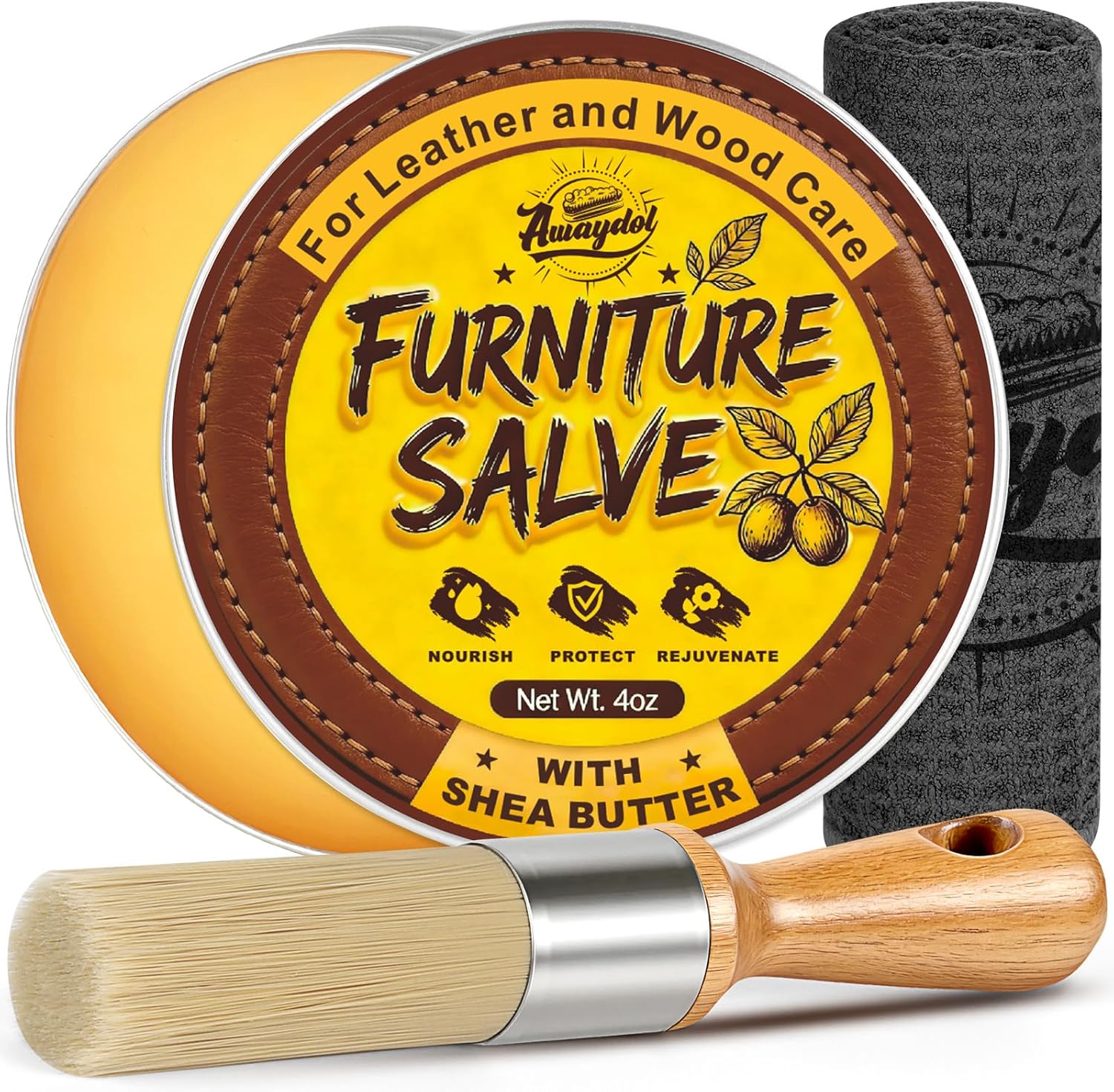 3-in-1 Furniture Salve for Leather 4oz,Polisher, Moisturizer,and Restorer for Couches and Furniture, Beewax Conditioner for Leather,Wood, and Vinyl,Repair Salve with Brush and Towel