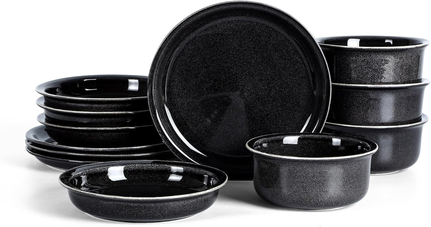 Stone Lain Slate 12-Piece Dinnerware Set Stoneware, Plates and Bowls Set, Dishwasher and Microwave Safe, Dish Set for 4, Black