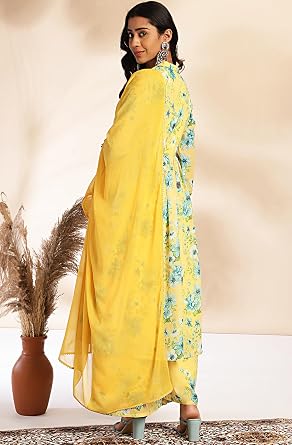 Janasya Indian Women's Georgette Yellow Floral Print Festive Wear Kurta Set for Women