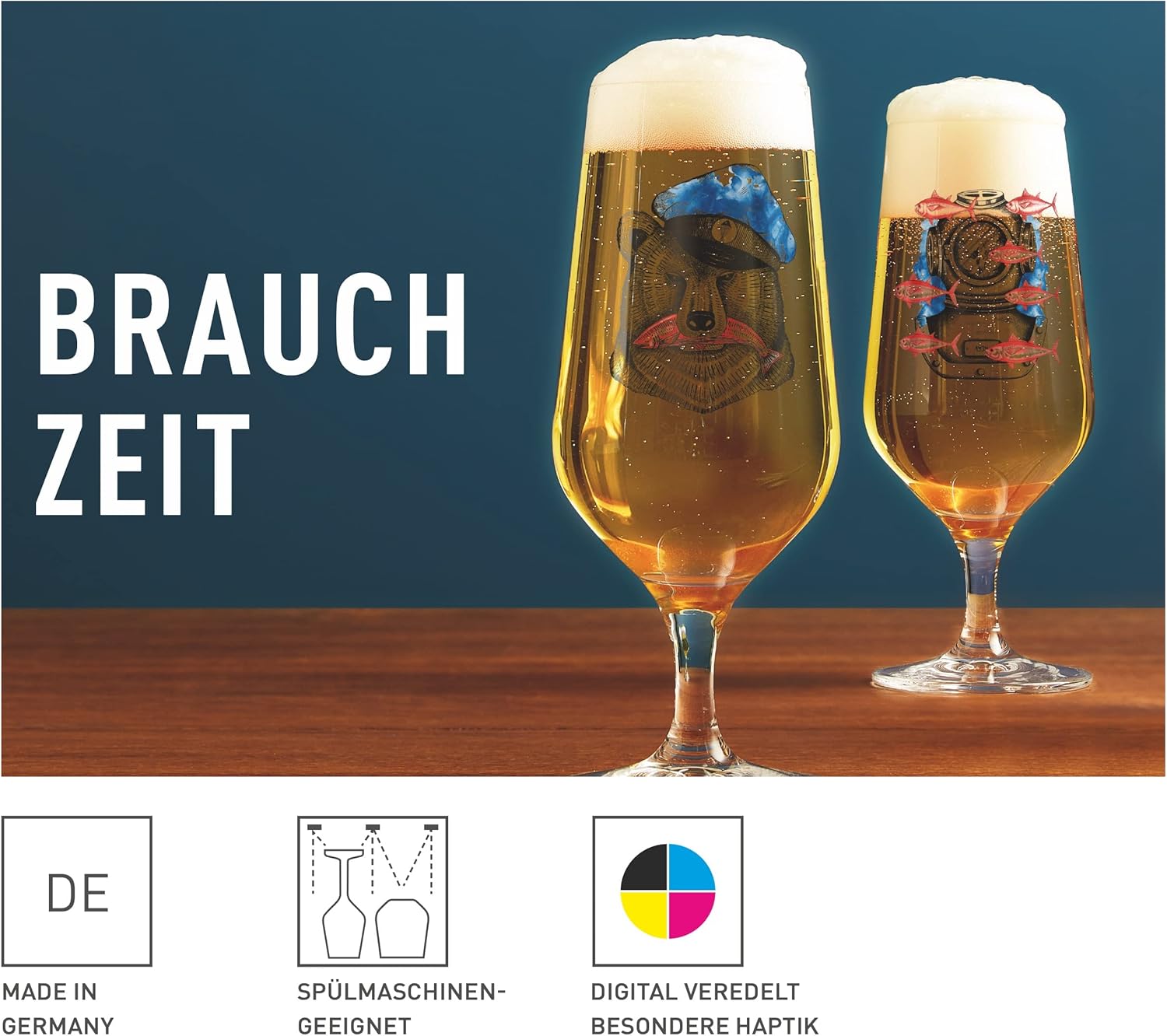 RITZENHOFF 6201001 Beer Glass 374 ml Set of 2 - Brauchzeit F23 Series - with Illustrations, Multi-Colour - Made in Germany