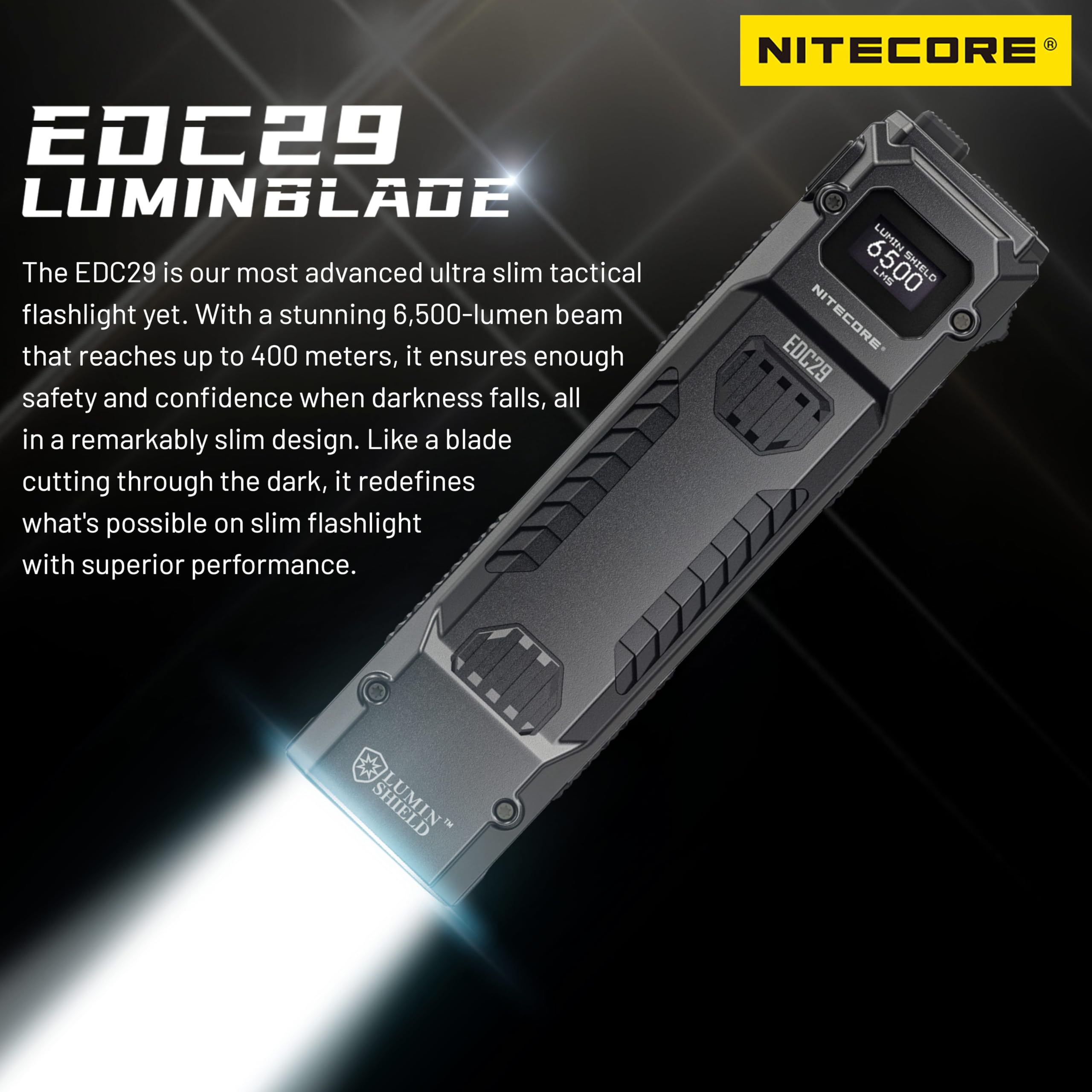 Nitecore EDC29 Lampe torche EDC ultra fine haute performance 6500 lumens avec porte-clés rétractable, Noir