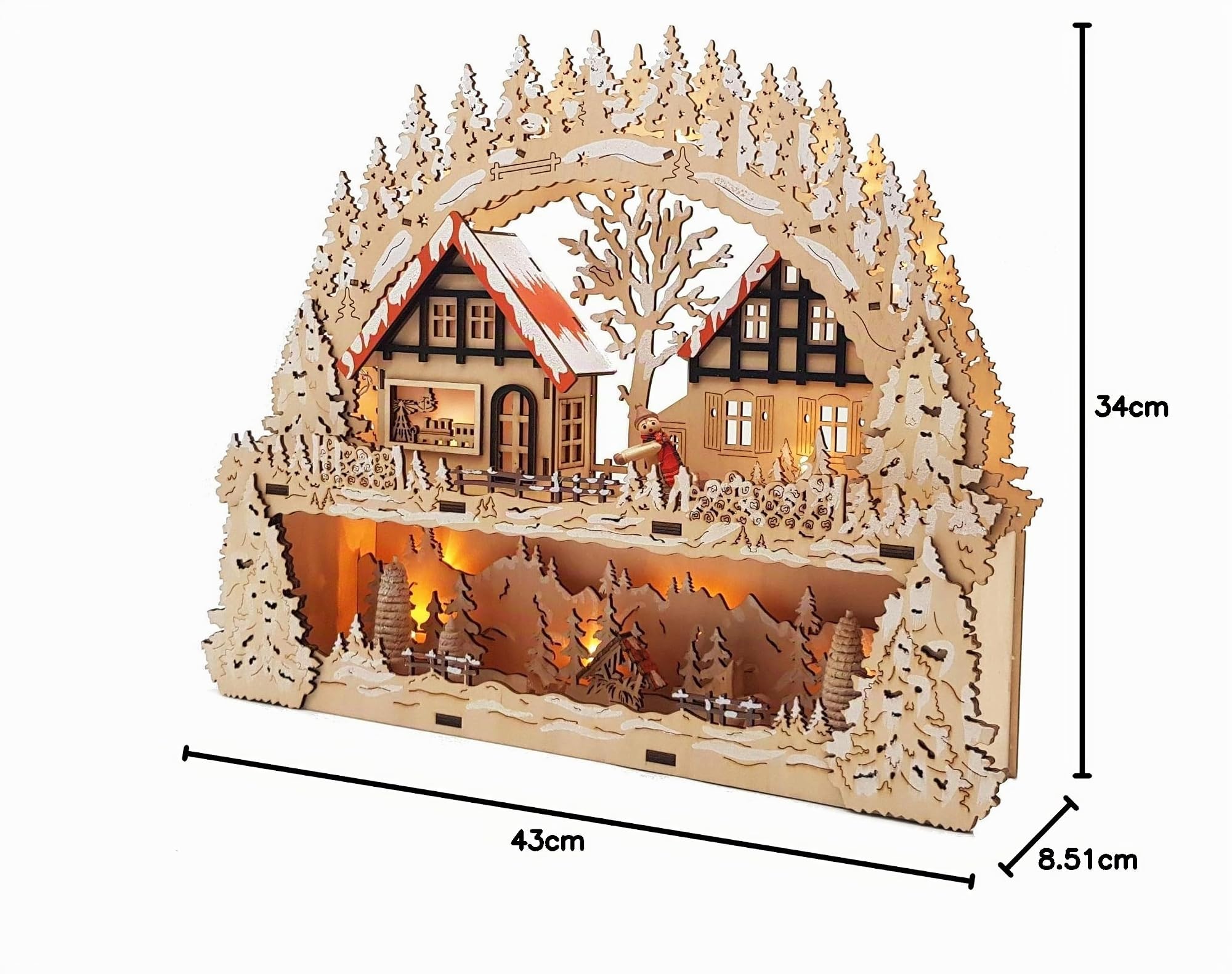 Wichtelstube-Kollektion Holzkunst LED Schwibbogen mit Podest Winterdorf Schwibbogen Lichterbogen Weihnachtsdeko Fensterbank Echtholz, Batteriebetrieben mit Timer 44cm Breite