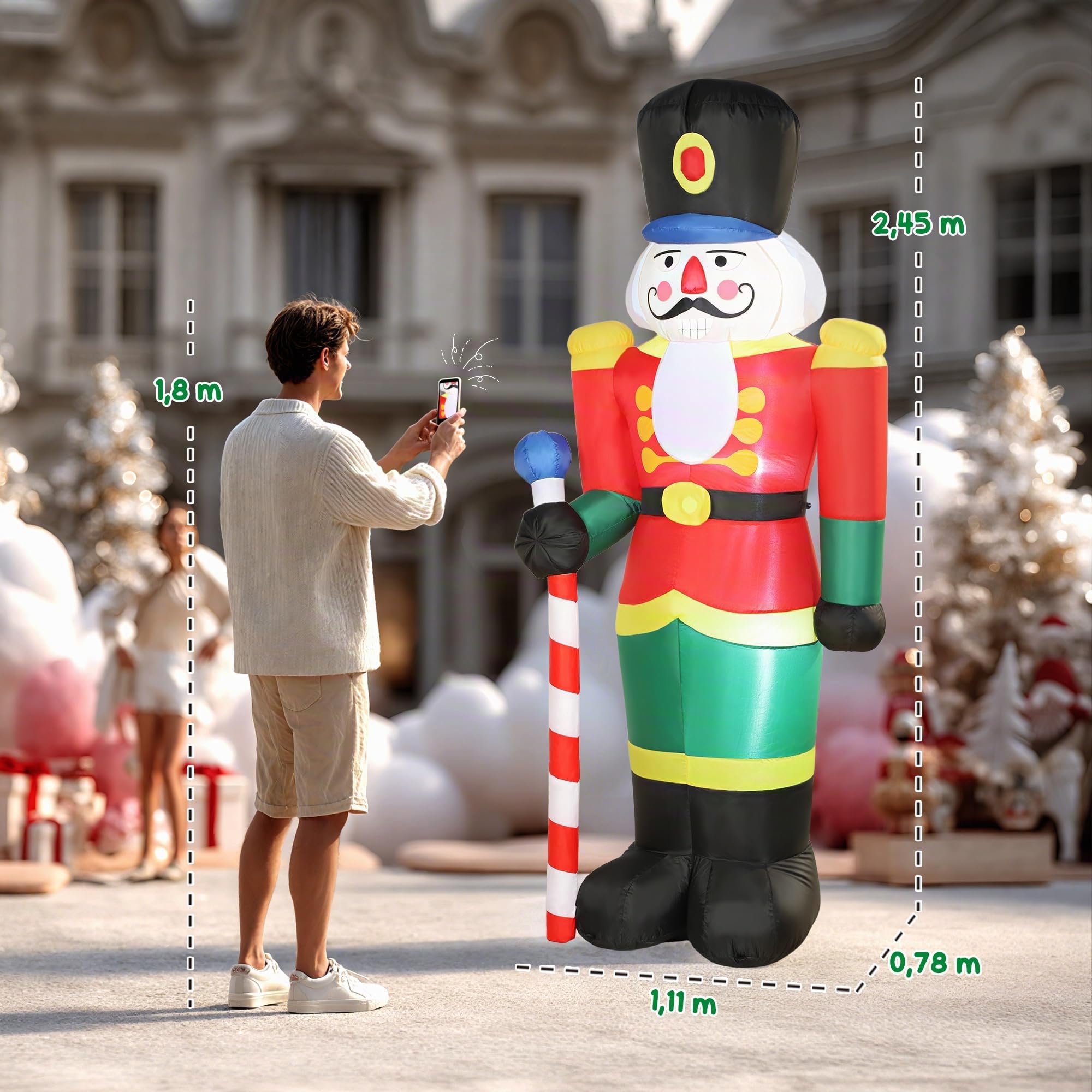 Outsunny Soldat Casse-Noisette Gonflable de Noël 245 CM avec lumières LED | Avec Sceptre, Polyester Imperméable, Déco Noël Gonflée Lumineuse, Intérieur, Extérieur