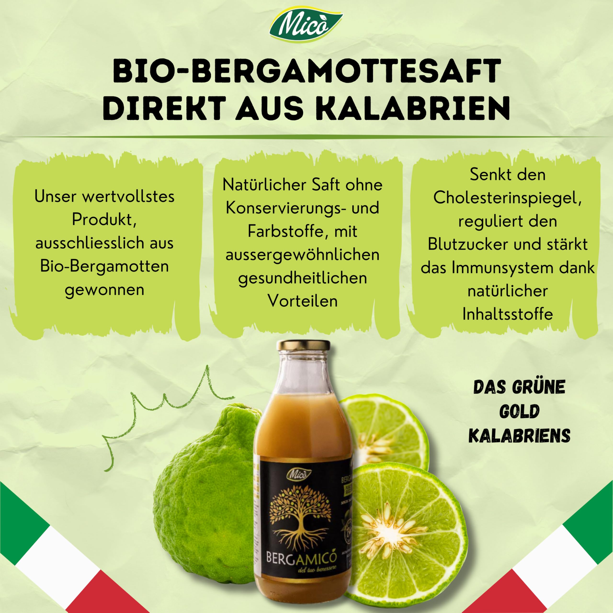 Bergamicó Bergamottensaft Kalabrien 750 ml NFC Saft Nicht Aus Konzentrat Naturbelassener Mechanisch Kaltgepresst