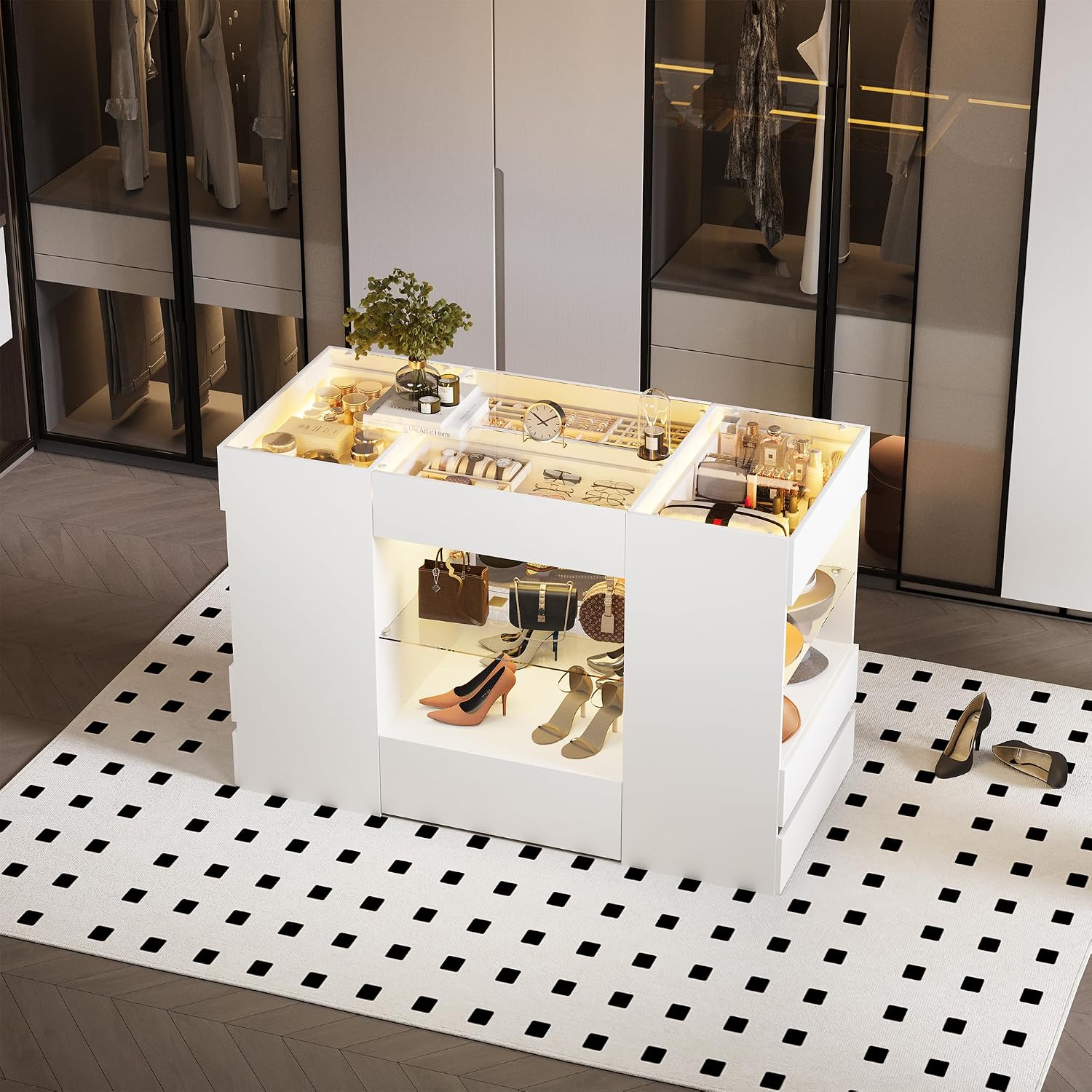 Kikihouse Modern Closet Island with 10 Drawers, LED Wardrobe Armoire Island with Glass Top, Luxury Walk-in Closet Island Storage Cabinet with Display Shelf for Cloakroom, Dressing Room (White)