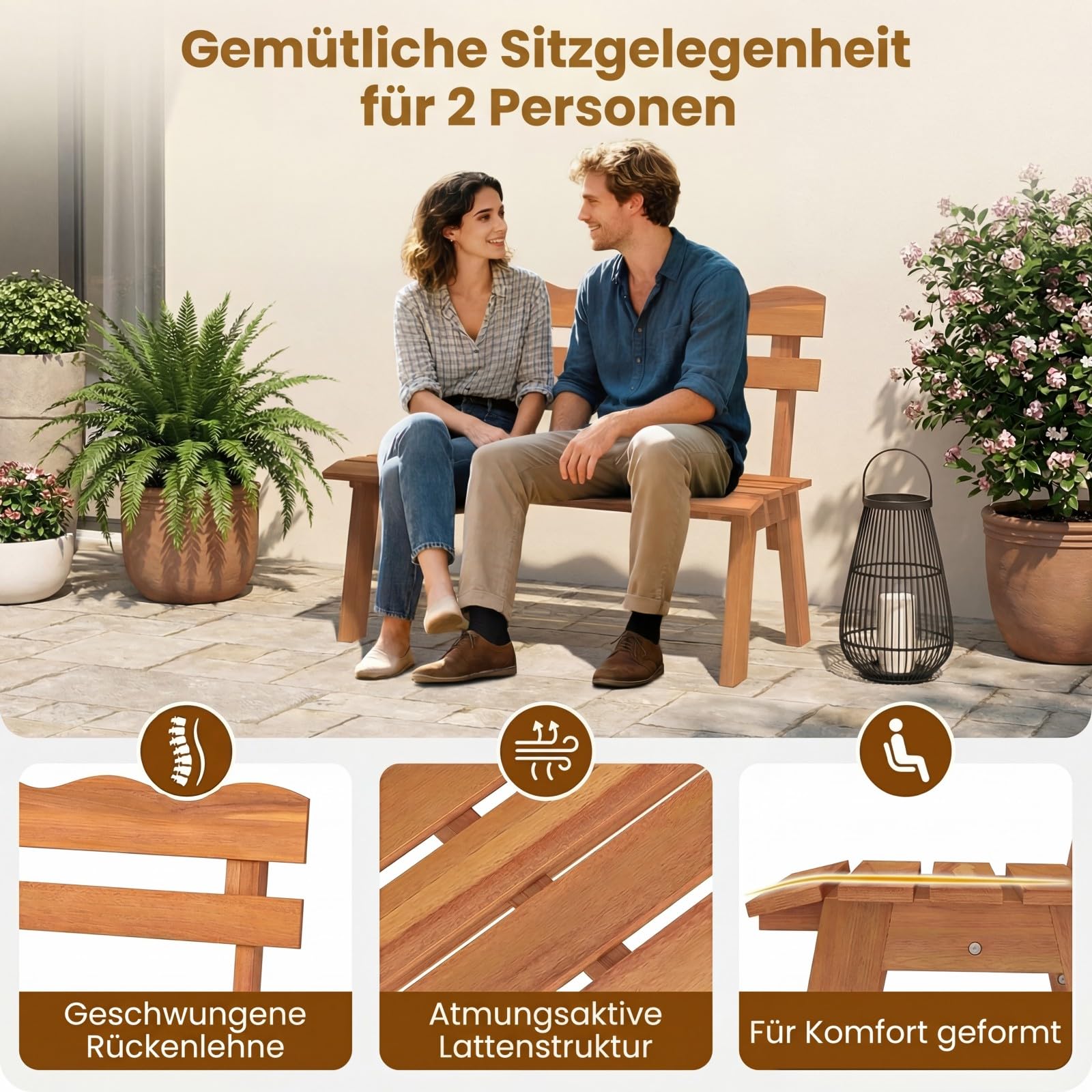DREAMADE Gartenbank aus Akazienholz, Outdoor Sitzbank für 2 Personen mit ergonomischer Rückenlehne & Latten-Sitz, Parkbank bis zu 360 kg belastbar, Holzbank für Terrasse, Veranda & Balkon, Natur