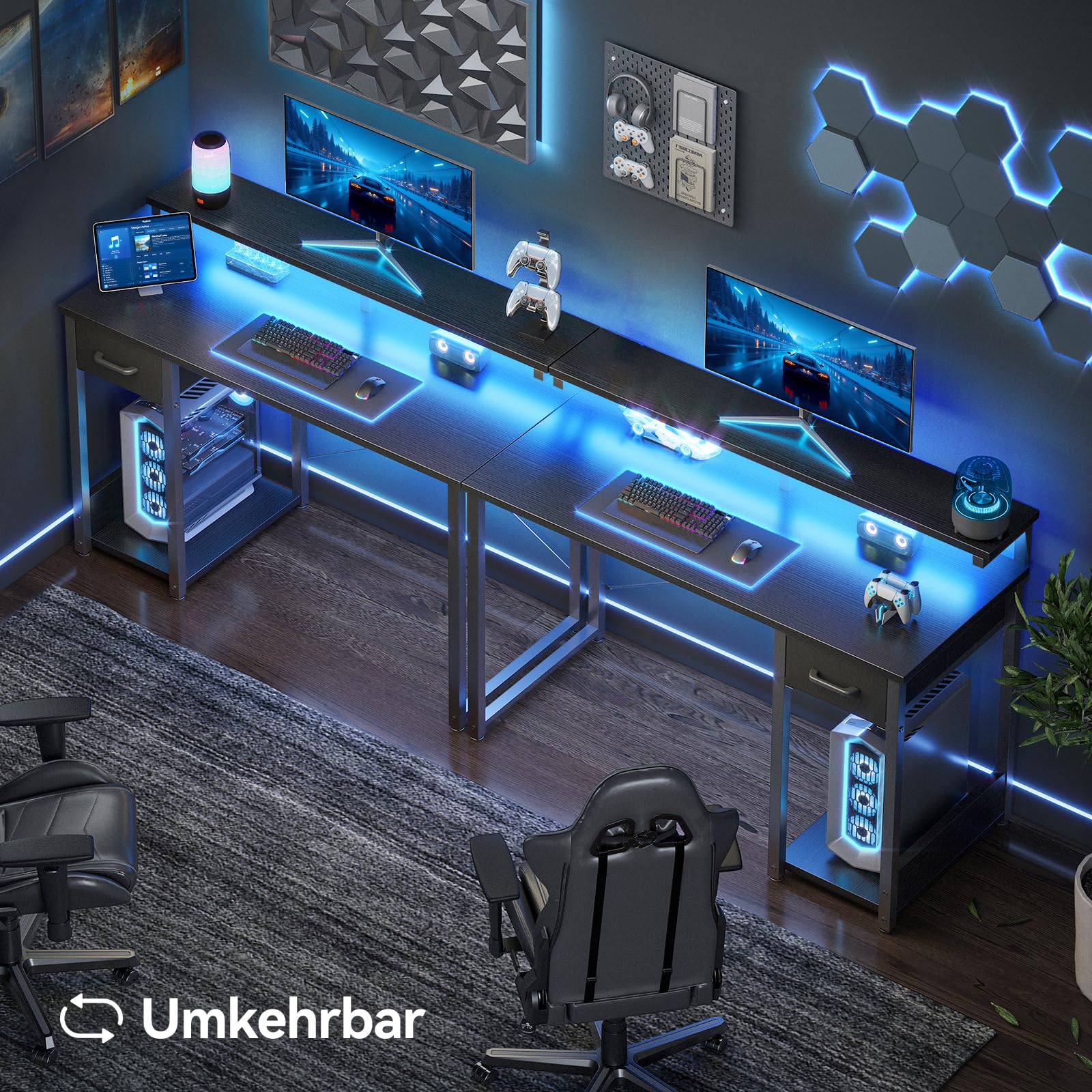 Coleshome Gaming Tisch mit LED Beleuchtung,Kleiner Schreibtisch mit Stoffschublade & CPU-Stand, Computertisch Bürotisch PC tisch mit Monitorstand, für Büro, Gaming, Home Office, 100×45×74.5cm, Schwarz