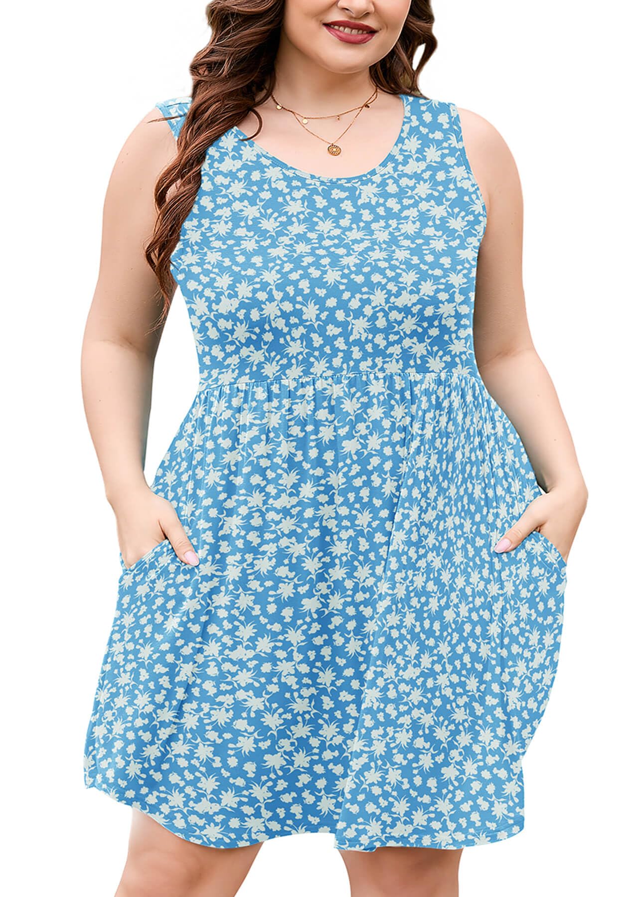 AusLook Plus Size Summer Tank Dress for Women Casual Sleeveless Crewneck Pleated Babydoll Swing Sundresses with Pockets 1X-5X