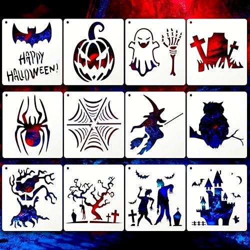 12 plantillas de Halloween para Halloween plantillas decorativas de Halloween plantillas reutilizables de plástico para manualidades para pintar