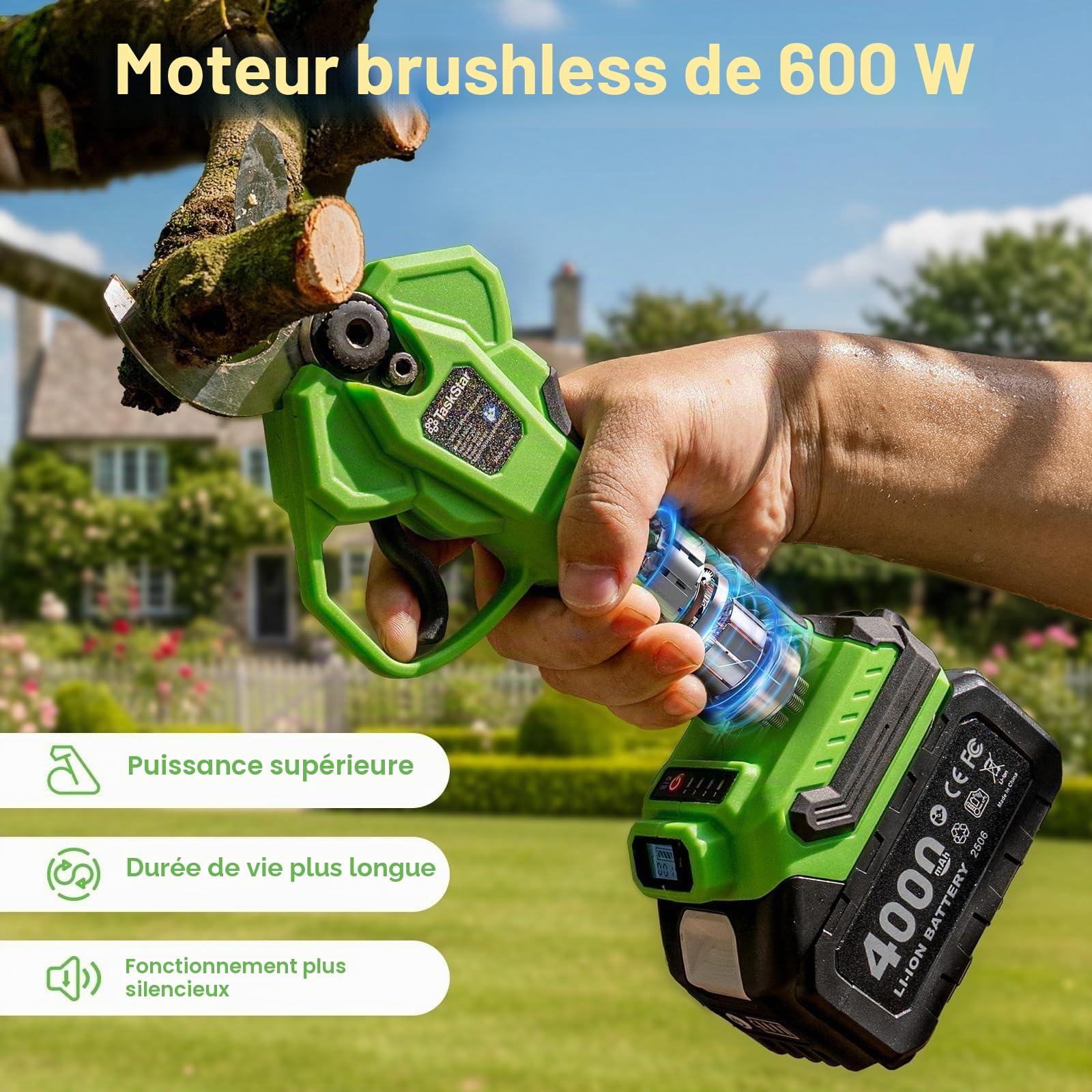 TaskStar Sécateur Électrique Avec Perchel 2-en-1: Coupe 40mm Sécateur Électrique Télescopique, portée maximale jusqu'à 2,5m, 2 Batteries 4,0Ah, Lame SK5 de Rechange, 4 Modes pour Fleurs et Arbres