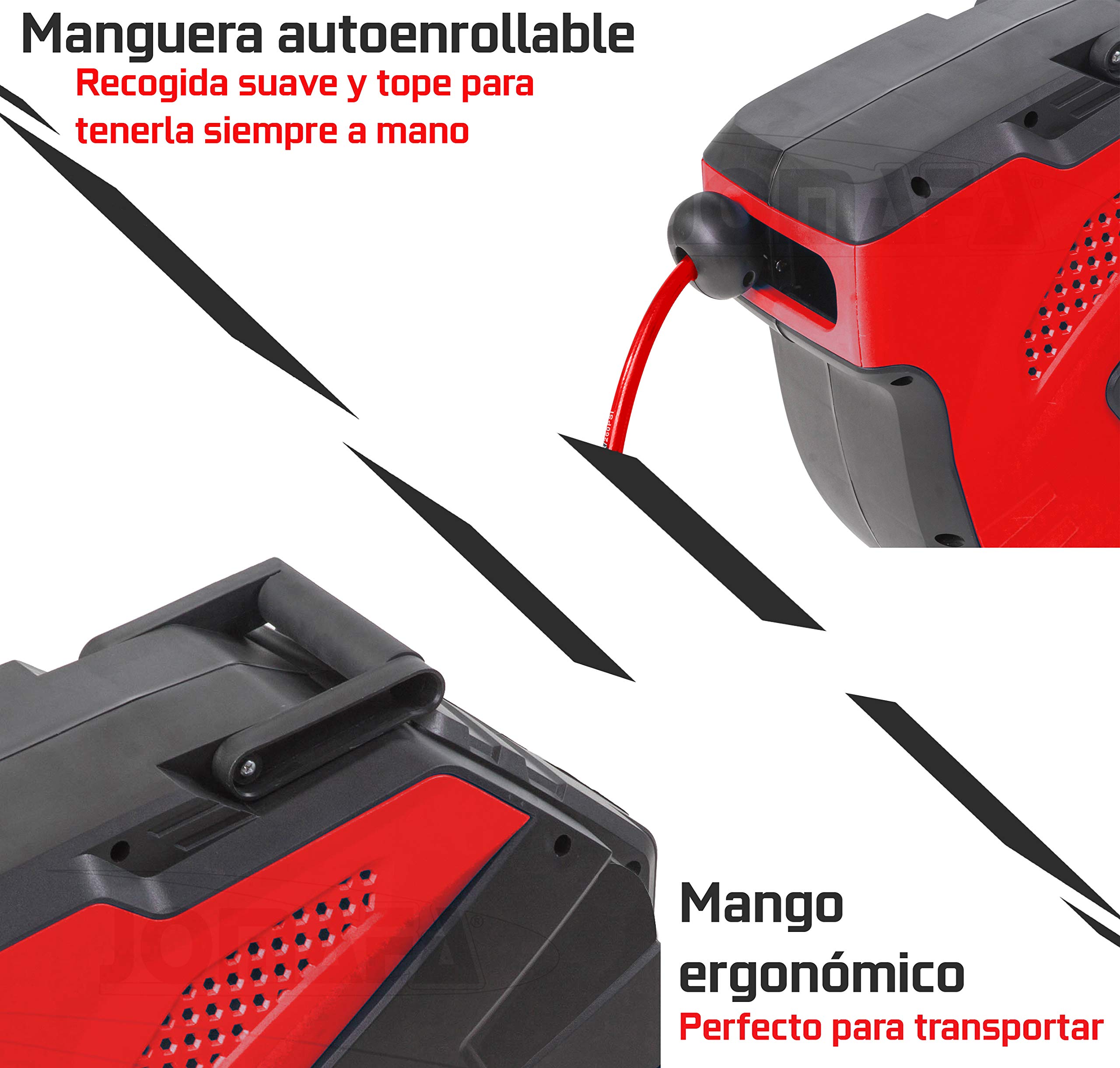 Enrollador de manguera Carrete de Manguera Aire Comprimido 10 m + 0,9 m | Conector 1/4 | Soporte Pared 180° metálico | 7,5 x 11,5 mm | ROJO