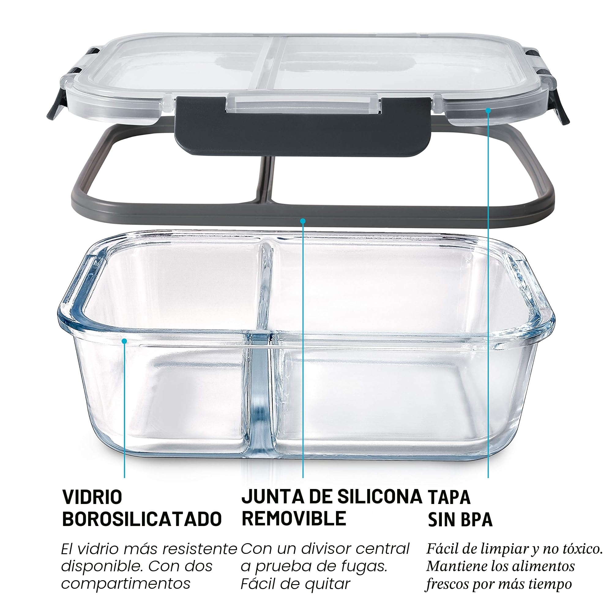 Igluu Meal Prep Recipientes de Cristal (Set de 3) 2 Compartimentos – 980ml | Tapa Hermética y Sin BPA – Horno, Freidora de Aire, Microondas, Congelador y Lavavajillas – Vidrio de Borosilicato