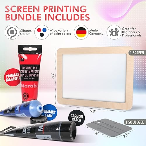 Miniatura 2 de Marabu Kit de serigrafía – Kit de impresión de pantalla con marco de madera reutilizable, 1 escobilla de goma de serigrafía y 3 tintas de 3.4 fl oz