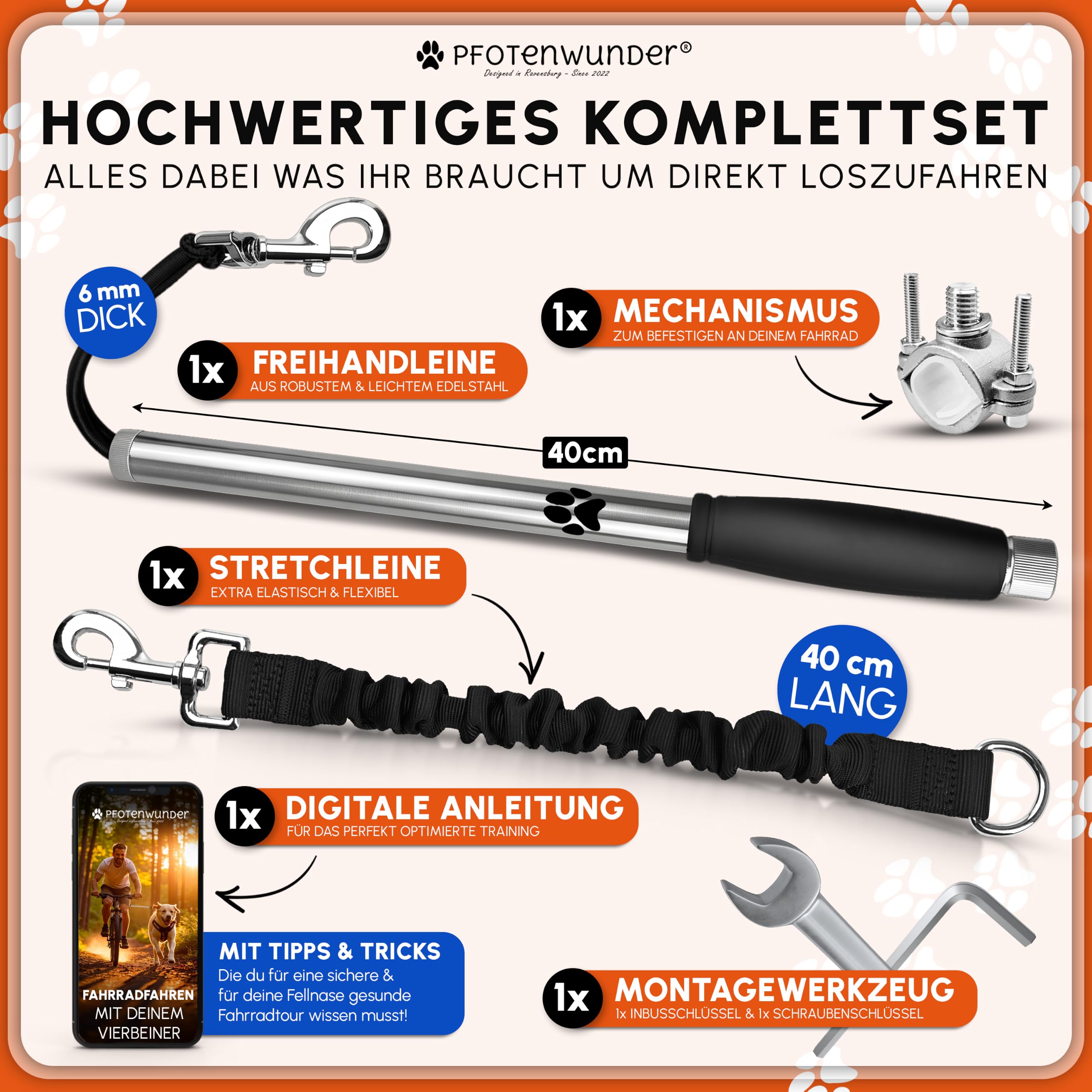 PFOTENWUNDER® Hunde-Fahrradleine + 1 elastische Hundeleine & 1 Trainingsbuch, extra Dicke 6mm-Leine | Abstandhalter Fahrradhalter aus hochwertigem Edelstahl mit Stoßdämpfern