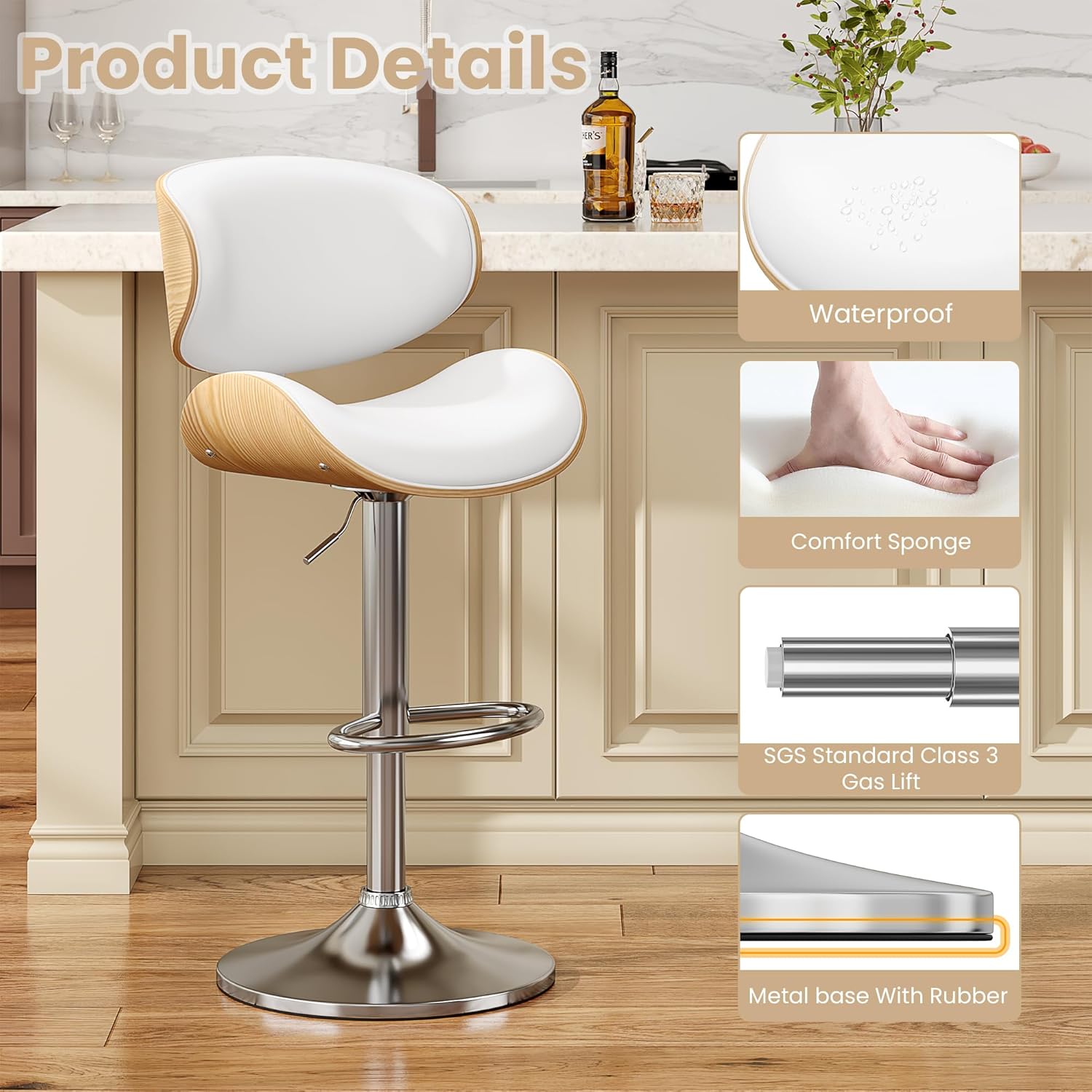 YaFiti Bar Stools, Kitchen Counter Bar Stool Island Barstool with Back Set of 3, Snow White