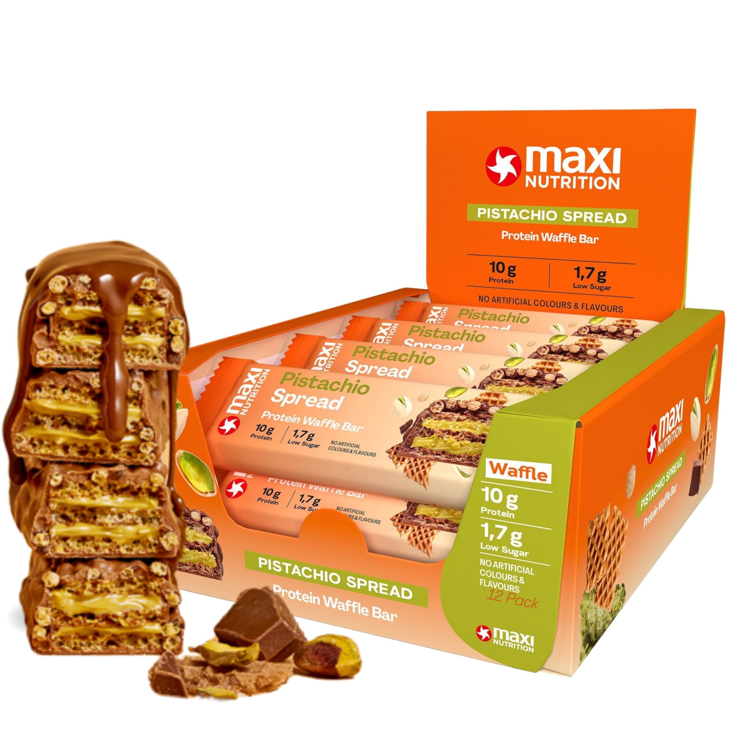 MaxiNutrition Pistachio Spread Protein Waffle Bar 12 x 39g bar, 10g protein, 199 kcal, 13g carbs per serving
