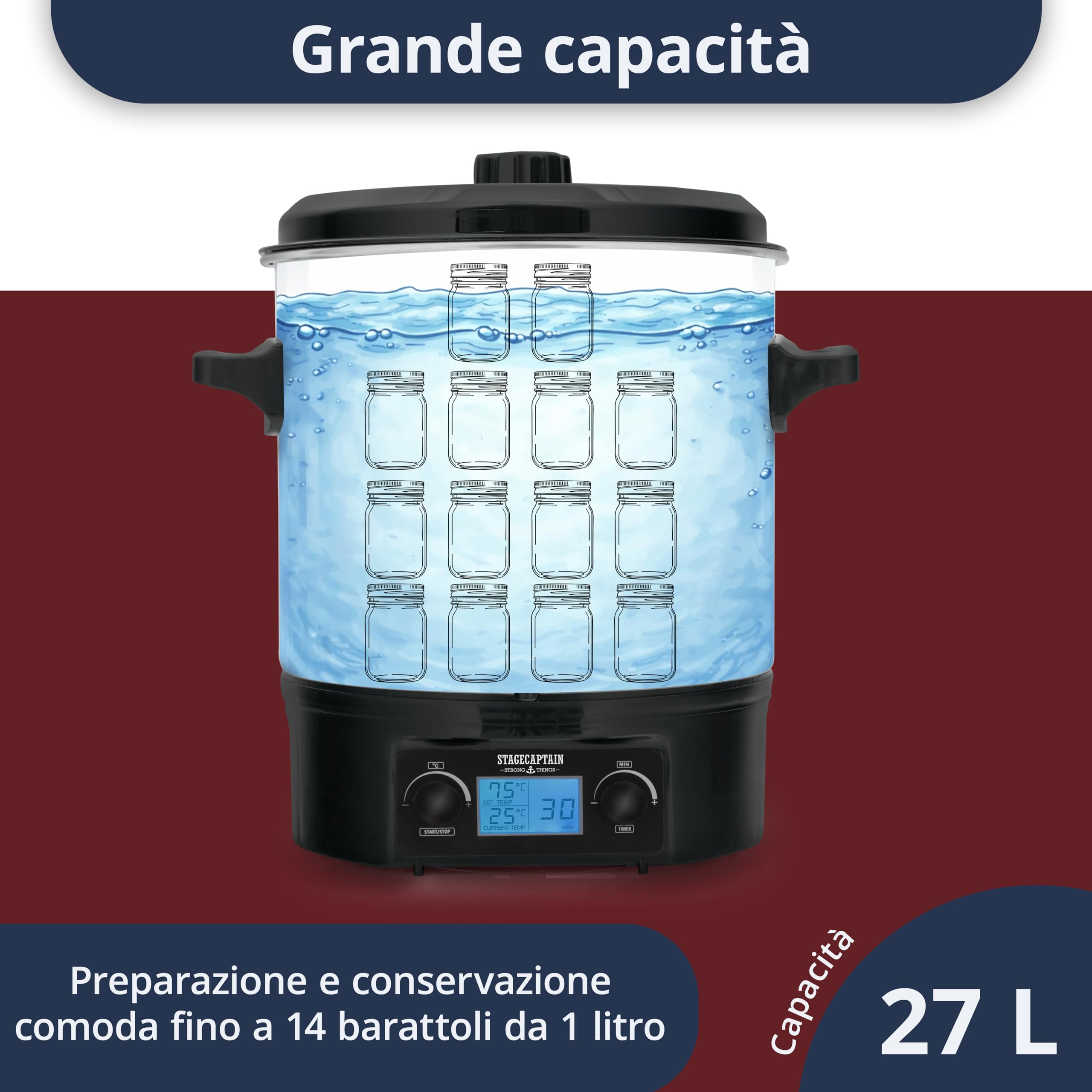 Stagecaptain GWK27D Scaldavino 27 L per vin brulé, bevande calde, marmellate, frutta e zuppe — 2000 W, acciaio inox, regolatore temperatura, timer, spegnimento automatico, display LCD