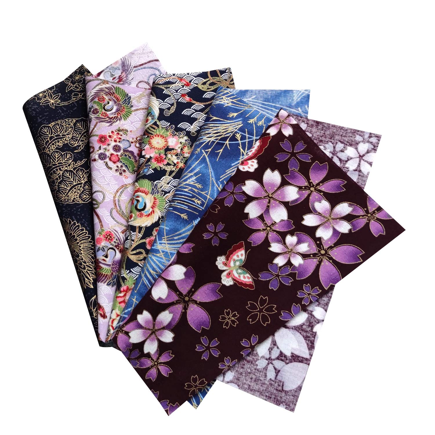 Qililandiy 5PCS Cotton Pattern Fabric Japanese Style Fabric for Crafts Sewing Quilting Patchwork Face Protection 25cm Square (Blue)