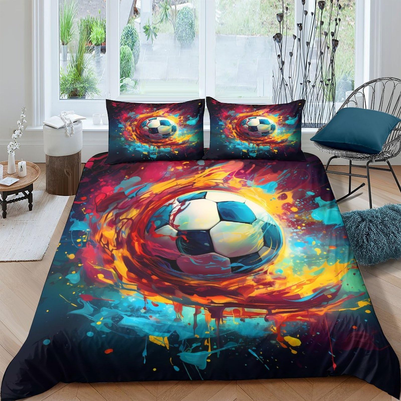 GPLZQXKJNH 3D Printed Football Fire Duvet Cover Microfiber Vibrant Bedding Set with 2 Pillowcases for Bedroom Decor Single（135x200cm）
