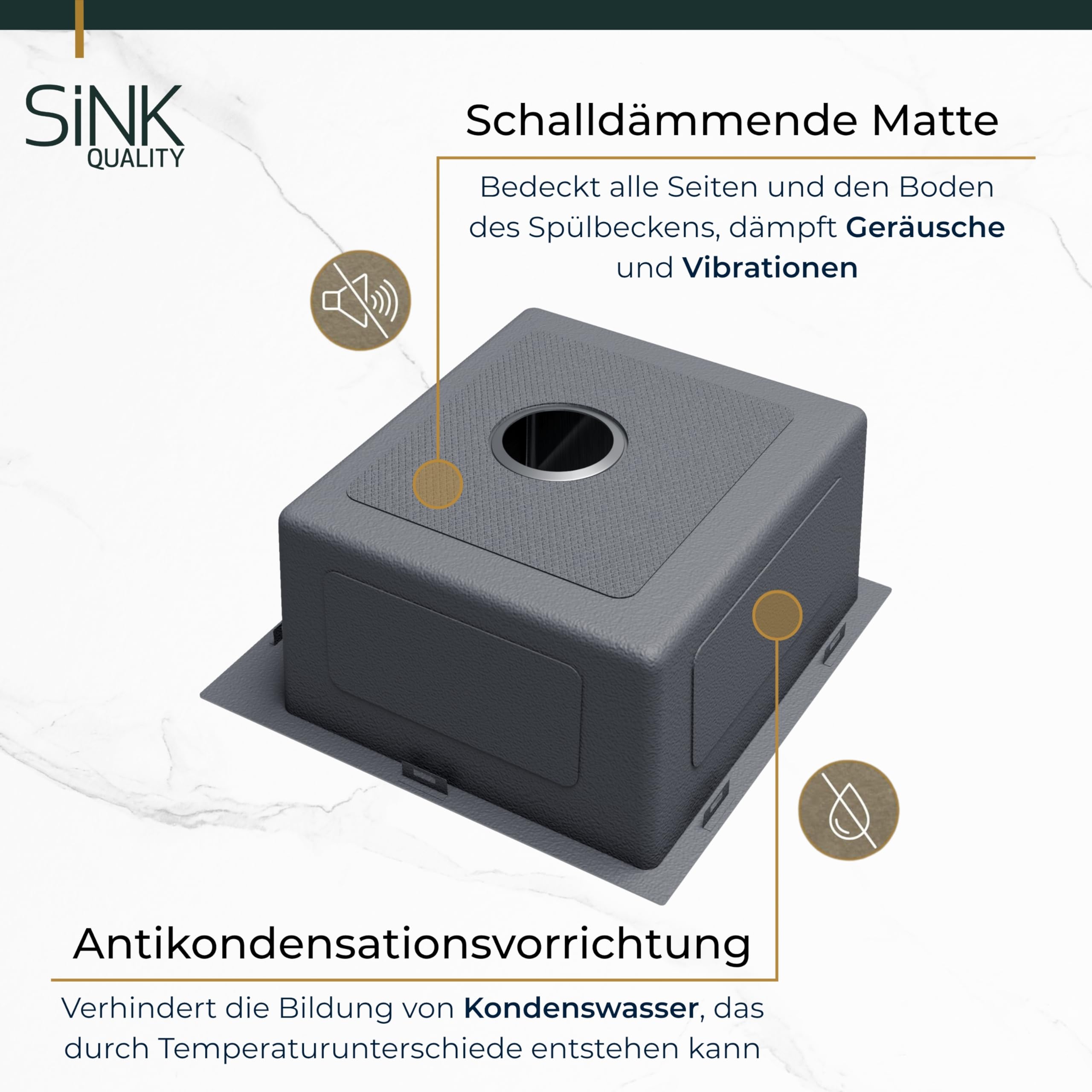 Sink Quality zlewozmywak ze stali nierdzewnej 50 x 45 cm – odporna na zarysowania powłoka PVD i oszczędzający miejsce syfon, zlewozmywak ze stali nierdzewnej 304 do szafki pod umywalkę 50 cm, łatwy w