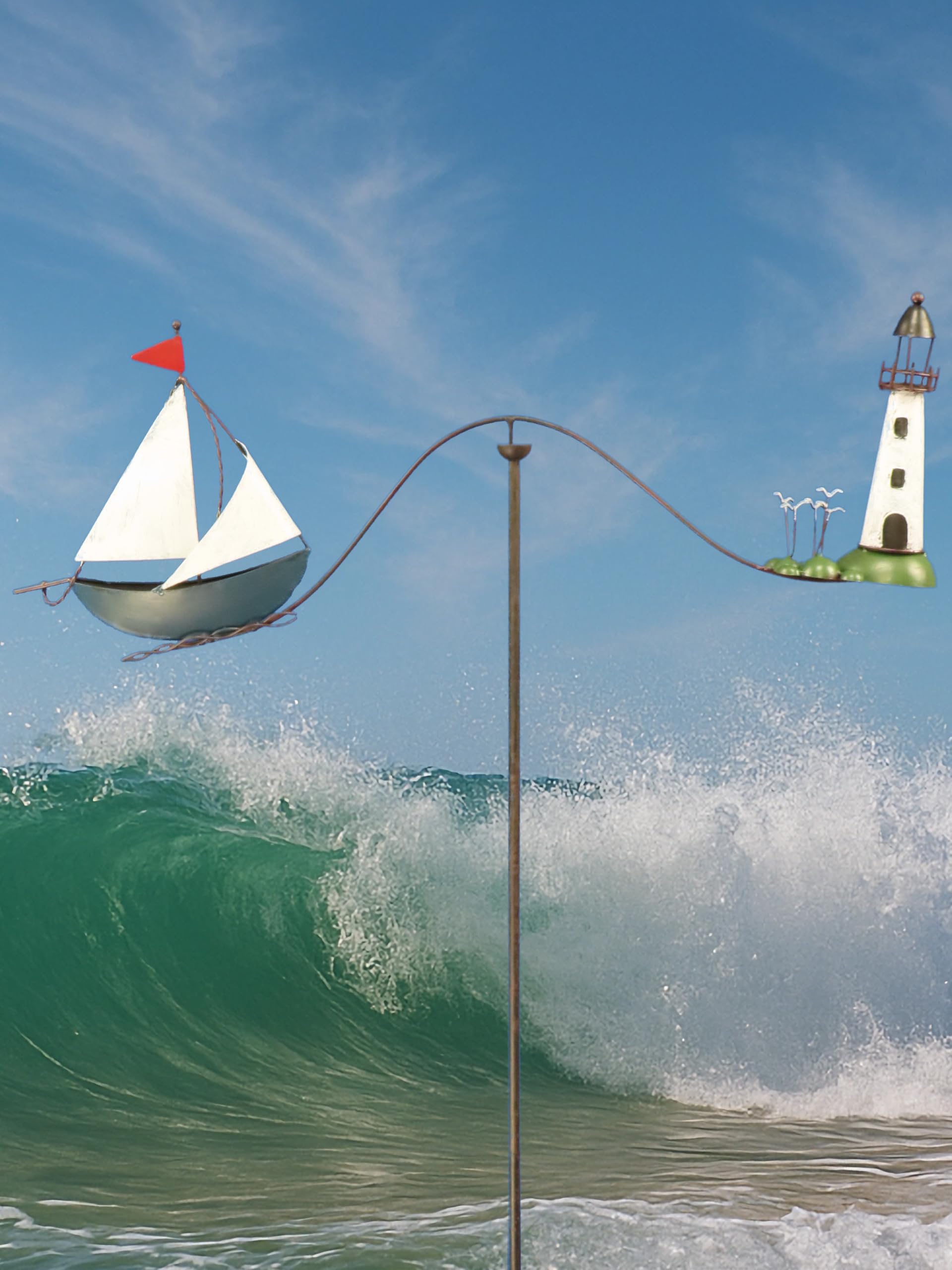 Pommerntraum ®| Windspiel Gartendeko Leuchtturm Möwen Segelboot Maritim | Gartenpendel Gartenstecker Nautik Segelschiff Segelyacht Vogel Vögel Küstenfans Segler Skipper SEGELBOOT + LEUCHTTURM + MÖWEN