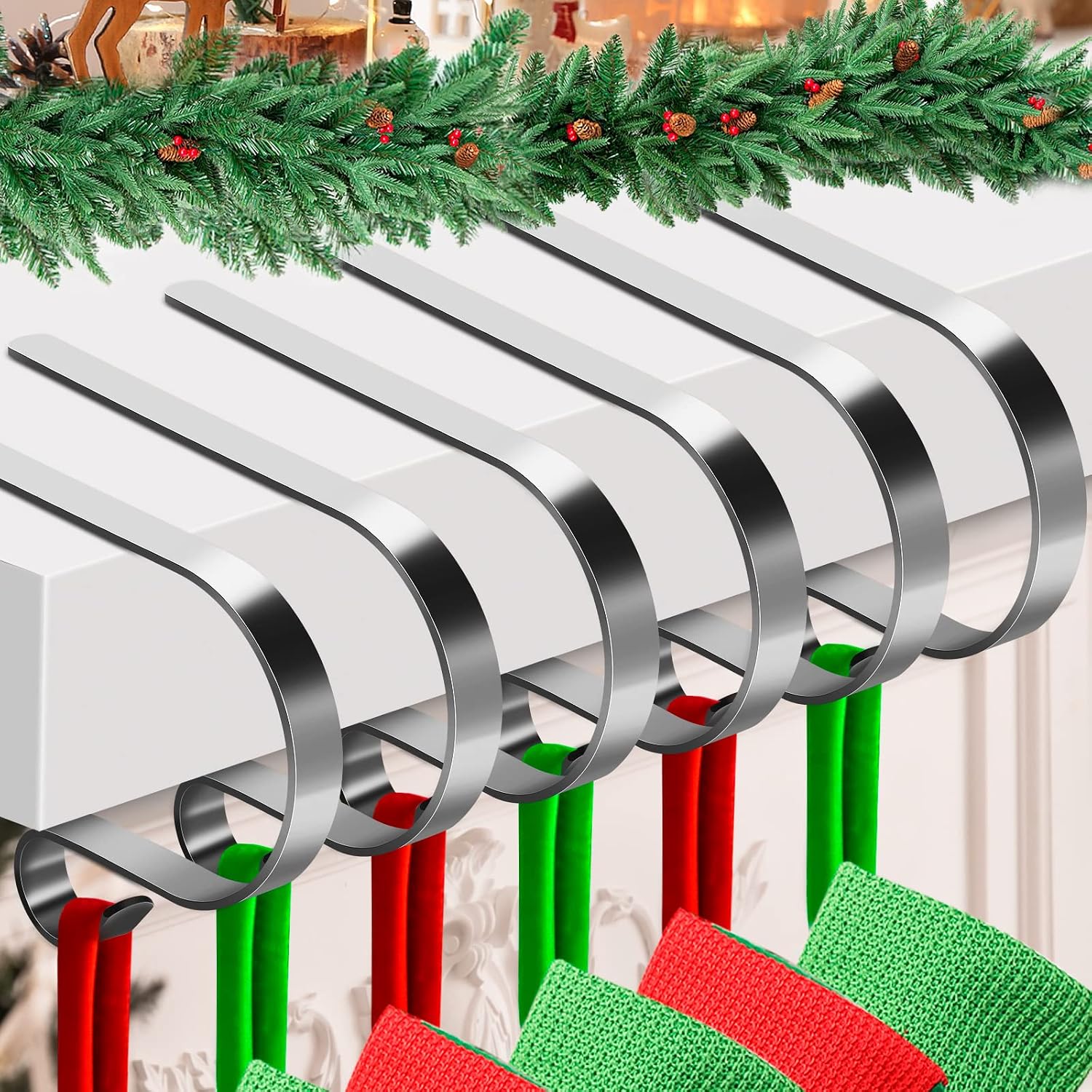 6 Pack Christmas Stocking Holders, Adjustable Stocking Mantle Hooks for Fireplace, Lightweight Stocking Hangers, Non-Skid Stocking Holders for Christmas Decoration (Silver)