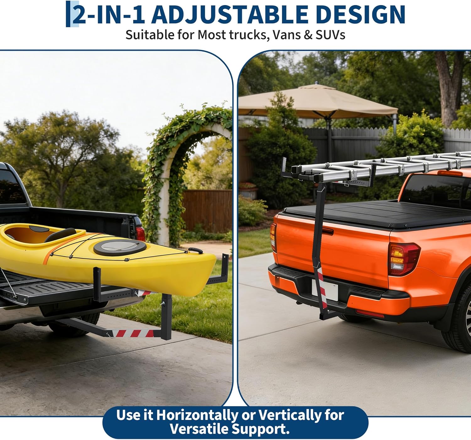 Adjustable 750 Lbs Hitch Mount Truck Bed Extender - 2 in 1 Foldable Pickup Truck Rack for Kayak, Ladder, Lumber, Heavy Duty Steel Construction, Black