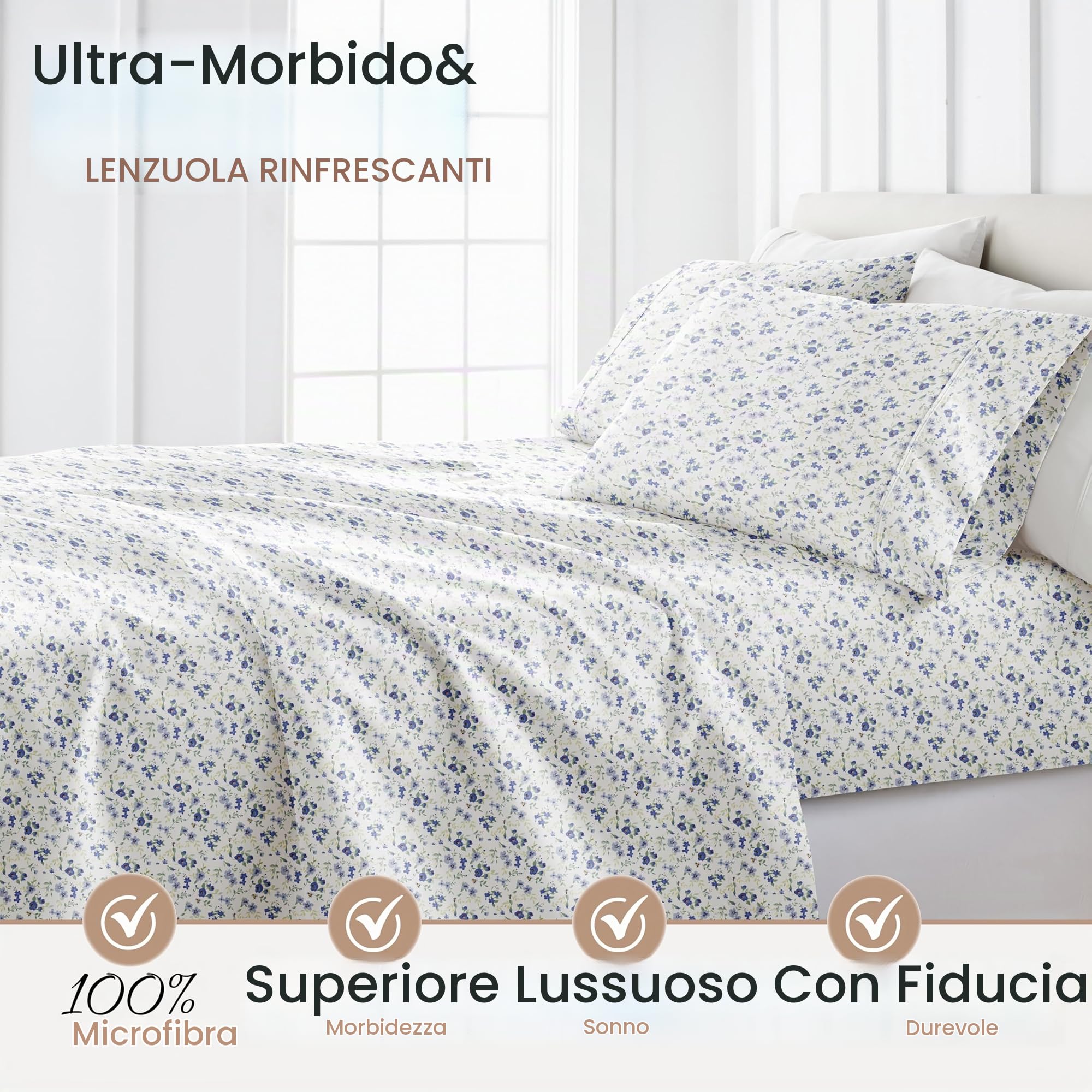 Linen Market LM Pattern 4PC Set di Lenzuola, Microfibra, Fiori Azzurro, Queen
