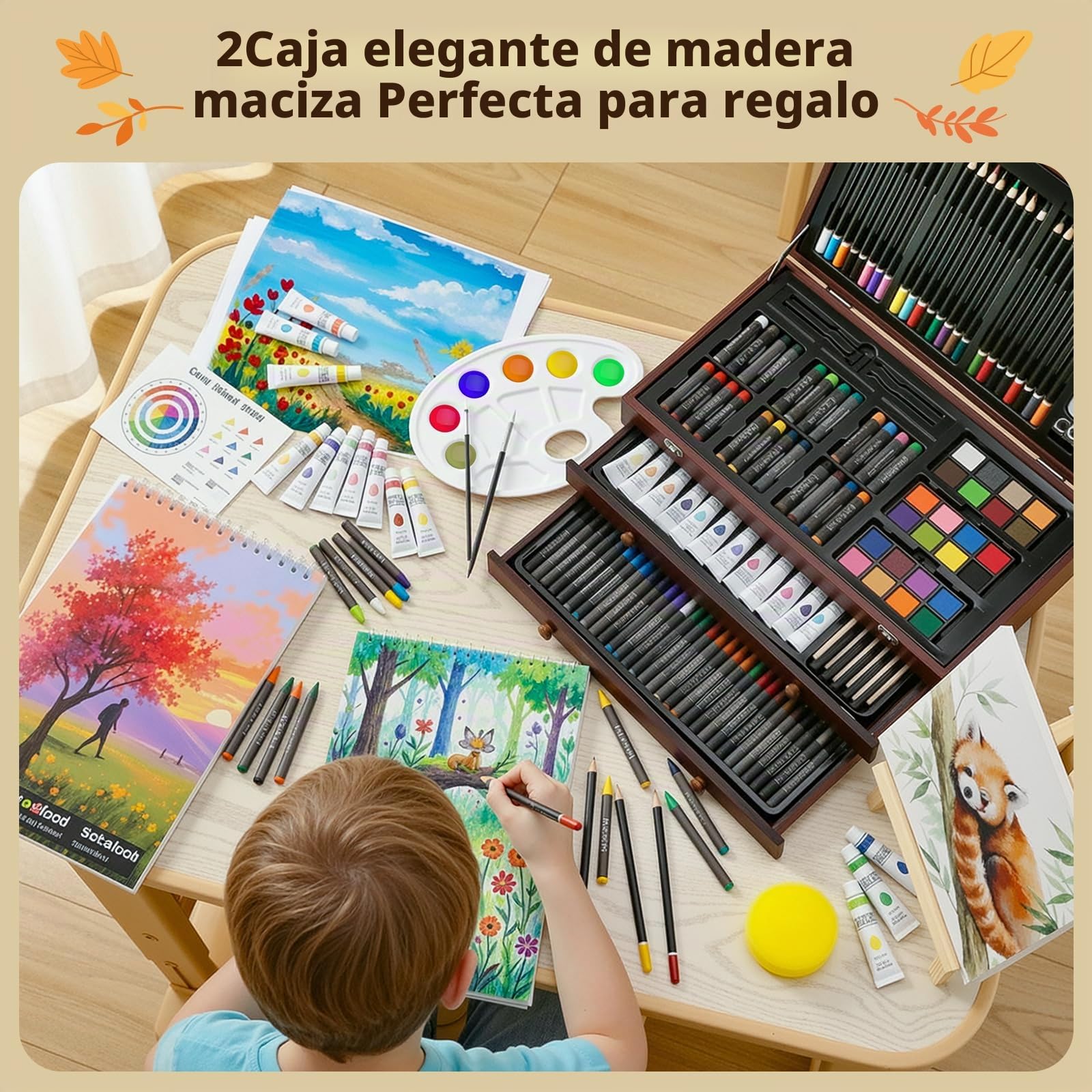 MAMIZO Juego de pintura premium de 202 piezas, maletín de pintura con ceras, lápices de colores, pasteles al óleo y pinturas acrílicas, caballete y caja de madera, juego de pintura para niños y