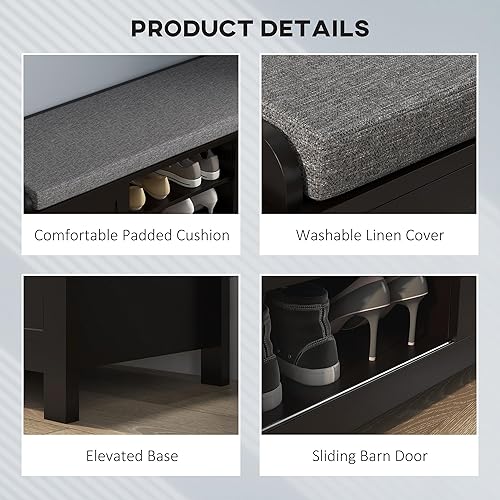 Miniatura 5 de HOMCOM Banco otomano de almacenamiento para zapatos de entrada con puertas correderas, estantería ajustable, 6 compartimentos y asiento acolchado,
