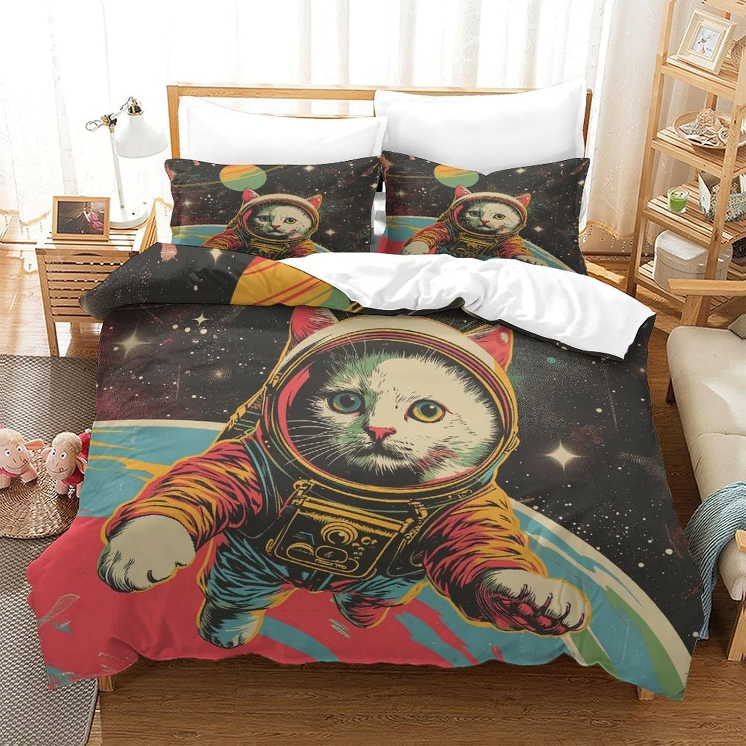Parure de lit avec fermeture motif chat 3D, confort supérieur pour ado