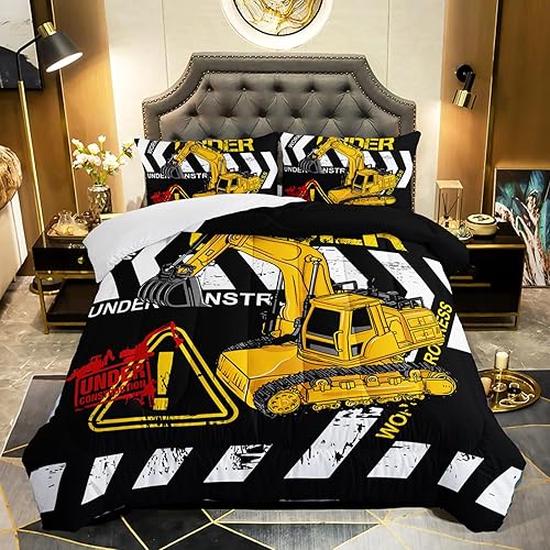 QOOMO Edredón de excavadora tamaño King, juego de edredón de camión de construcción para niños, adolescentes, niños y niñas, juego de ropa de cama